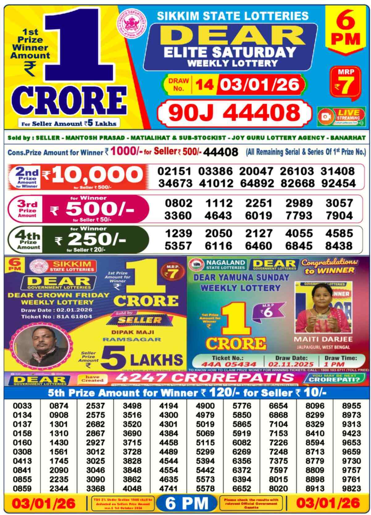 Nagaland Lottery Result 6 PM 03.01.2026