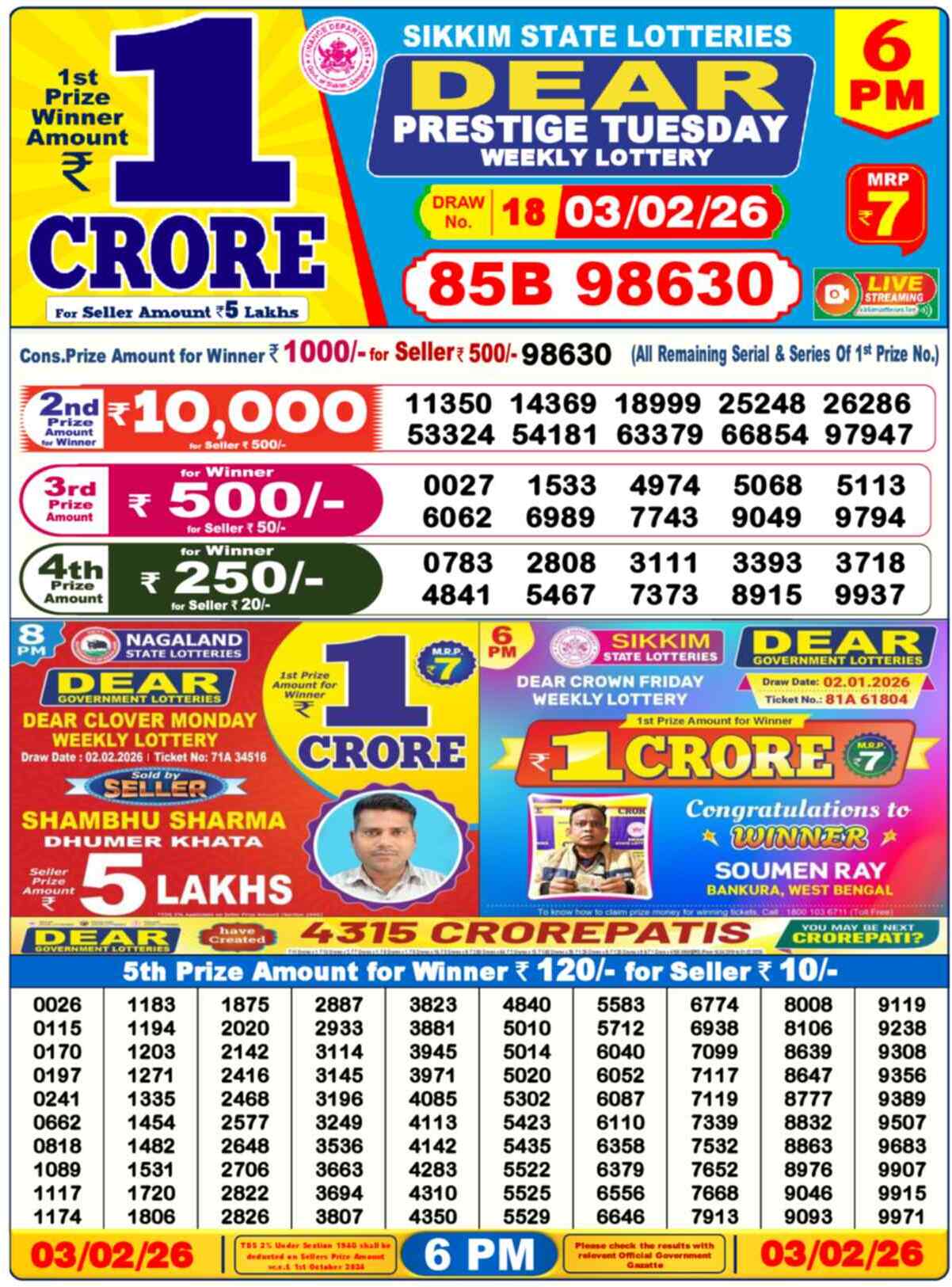 Dear Lottery 6 PM Result 03/02/26