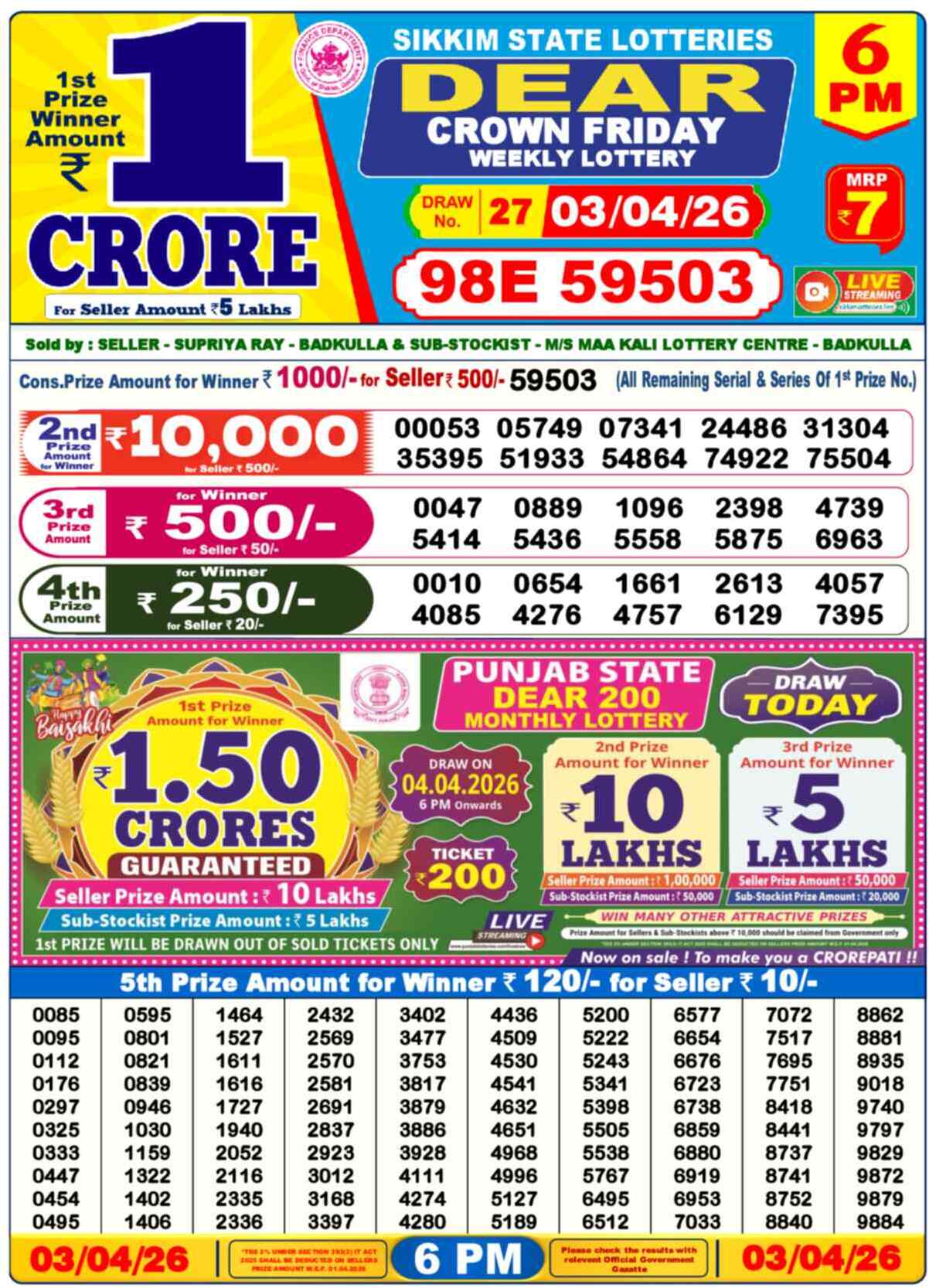 Dear Lottery 6 PM Result 03/04/26