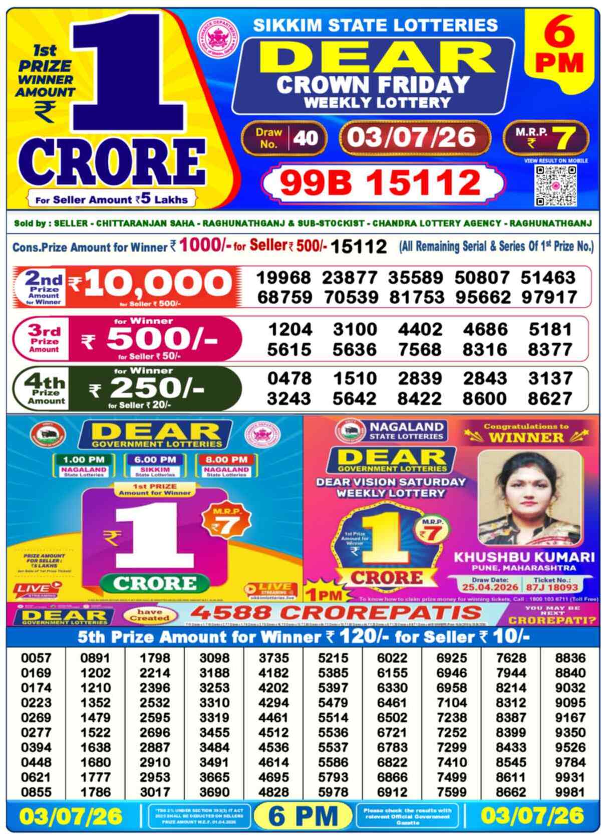 Dear Lottery 6 PM Result 03/07/26