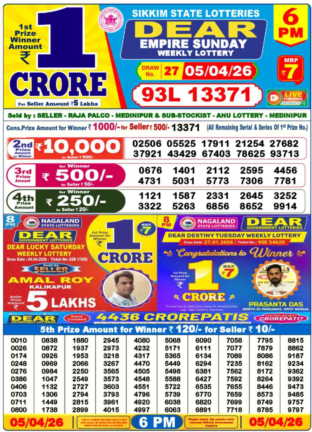 Dear Lottery 6 PM Result 05/04/26