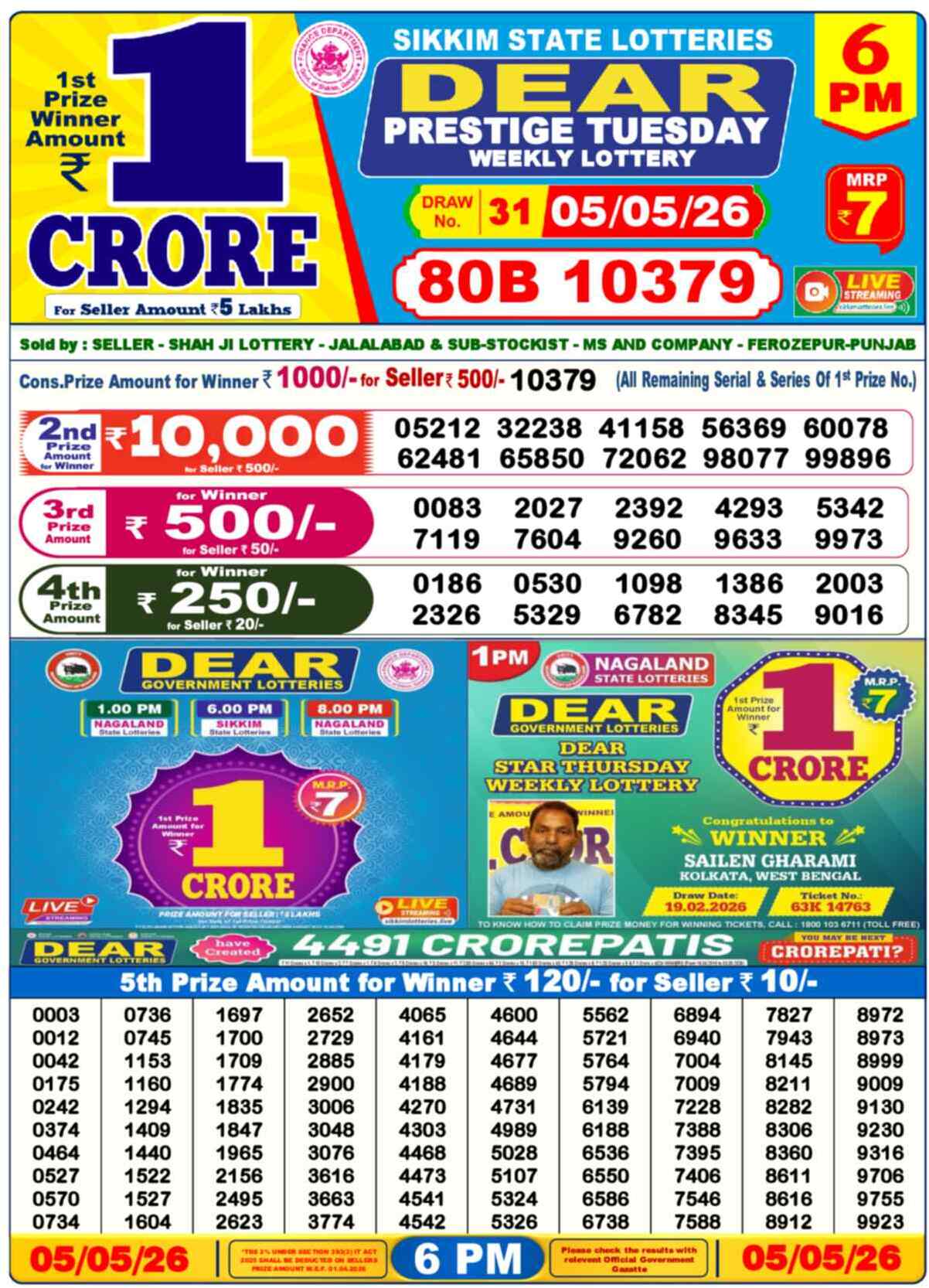 Dear Lottery 6 PM Result 05/05/26