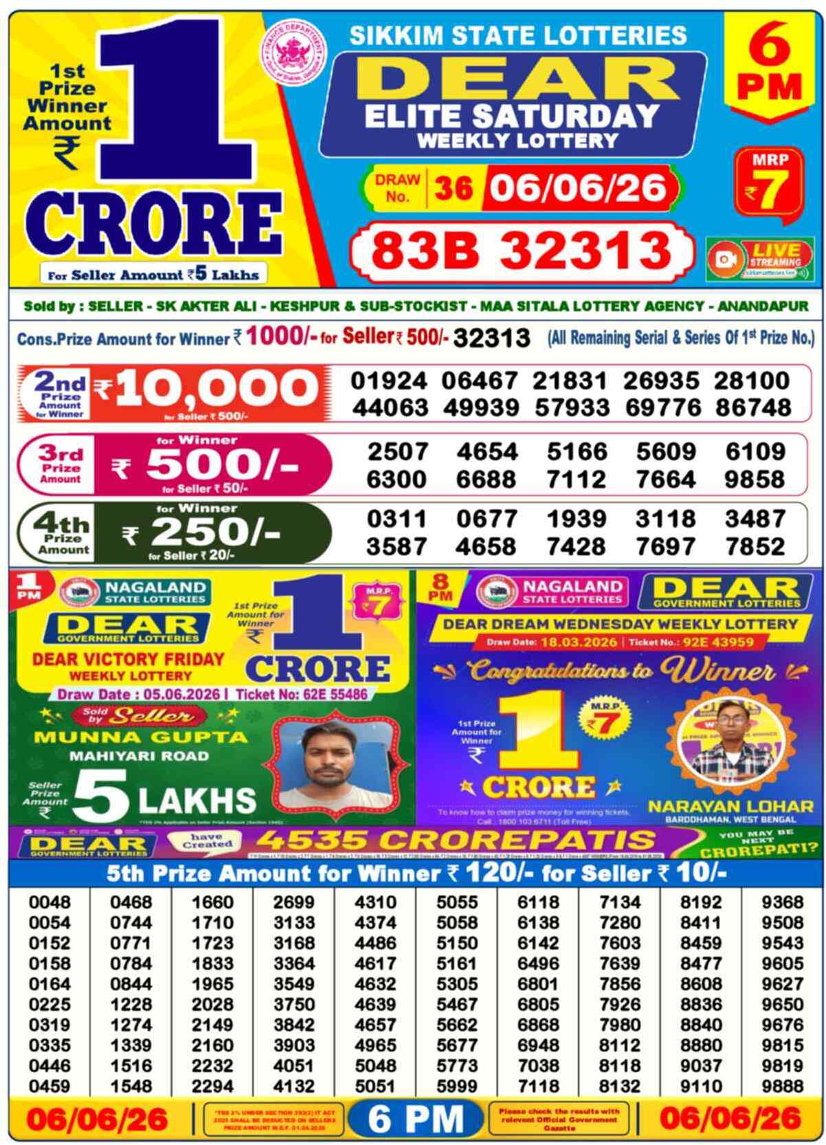 Dear Lottery 6 PM Result 06/06/26