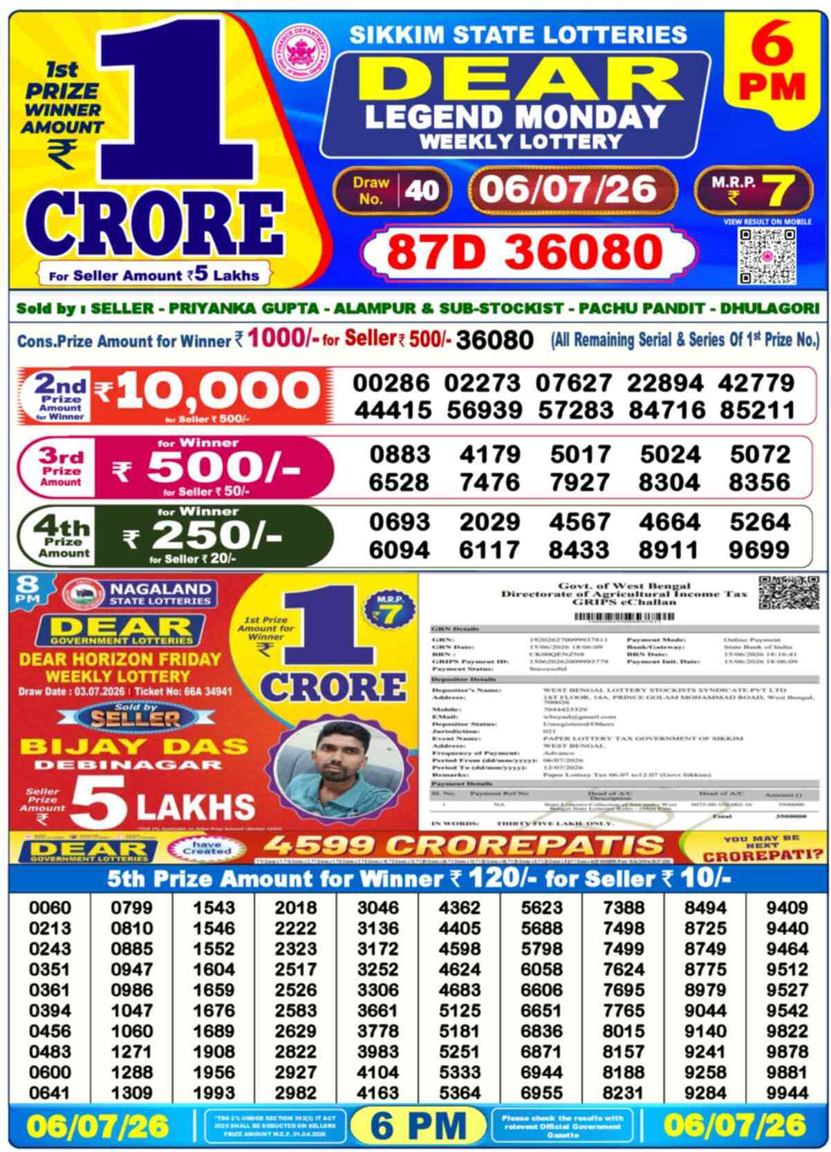 Dear Lottery 6 PM Result 06/07/26