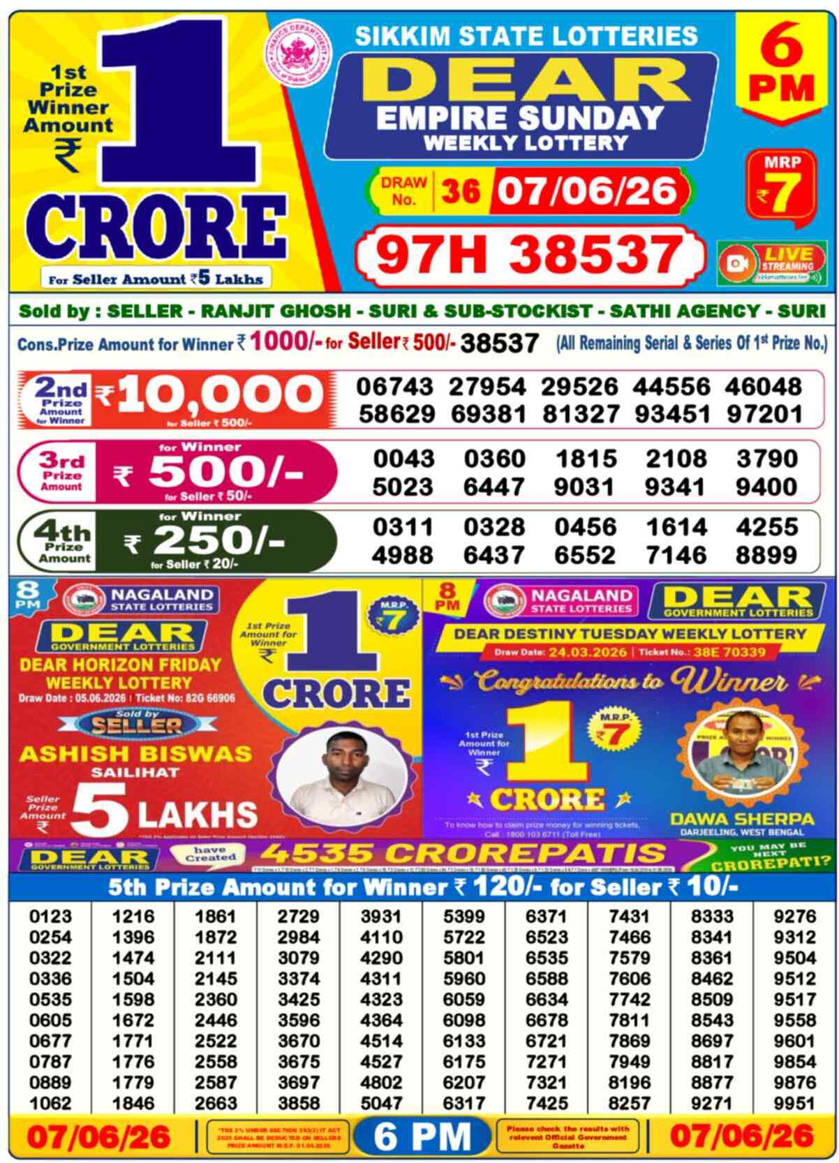 Dear Lottery 6 PM Result 07/06/26