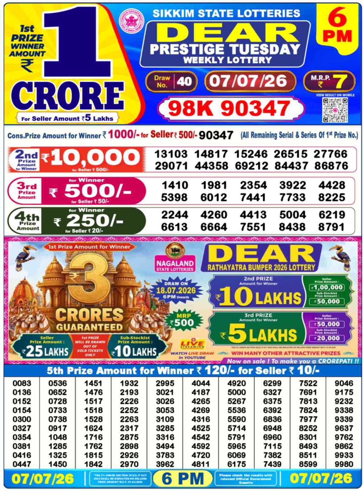 Dear Lottery 6 PM Result 07/07/26