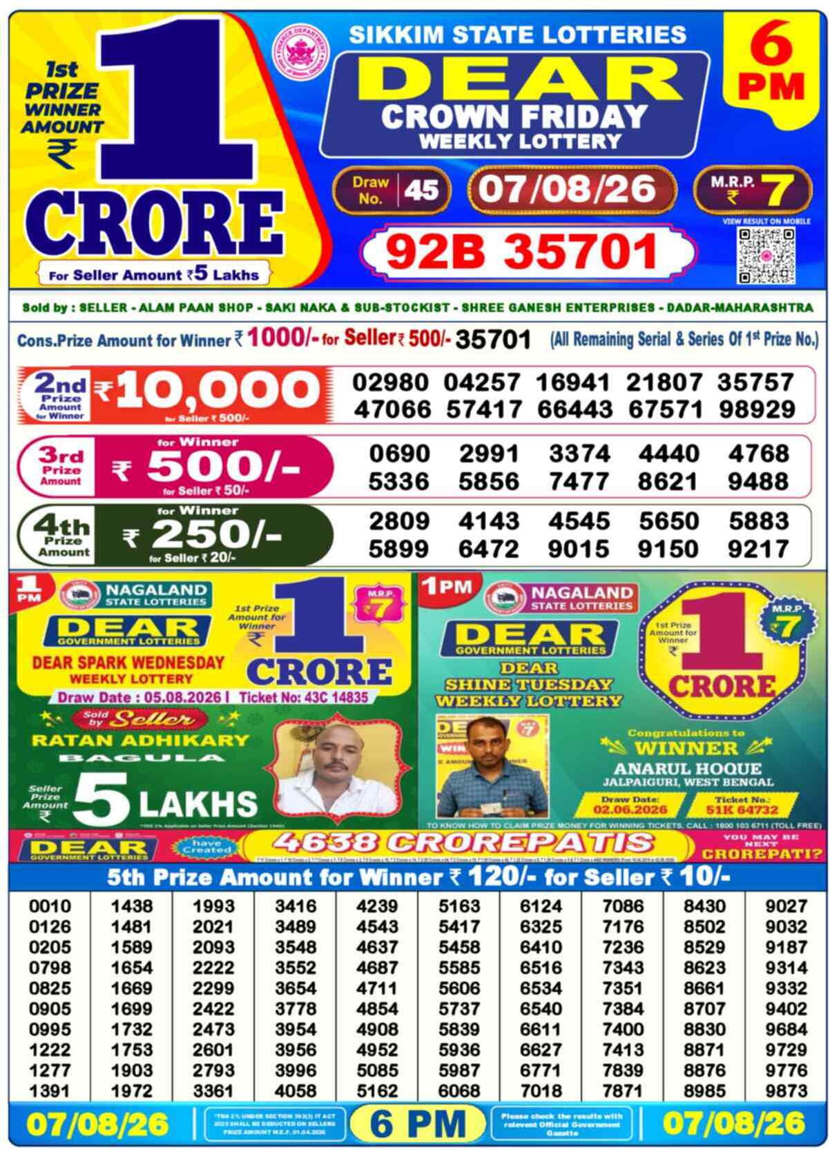 Nagaland Lottery Result 6 PM 07.08.2026
