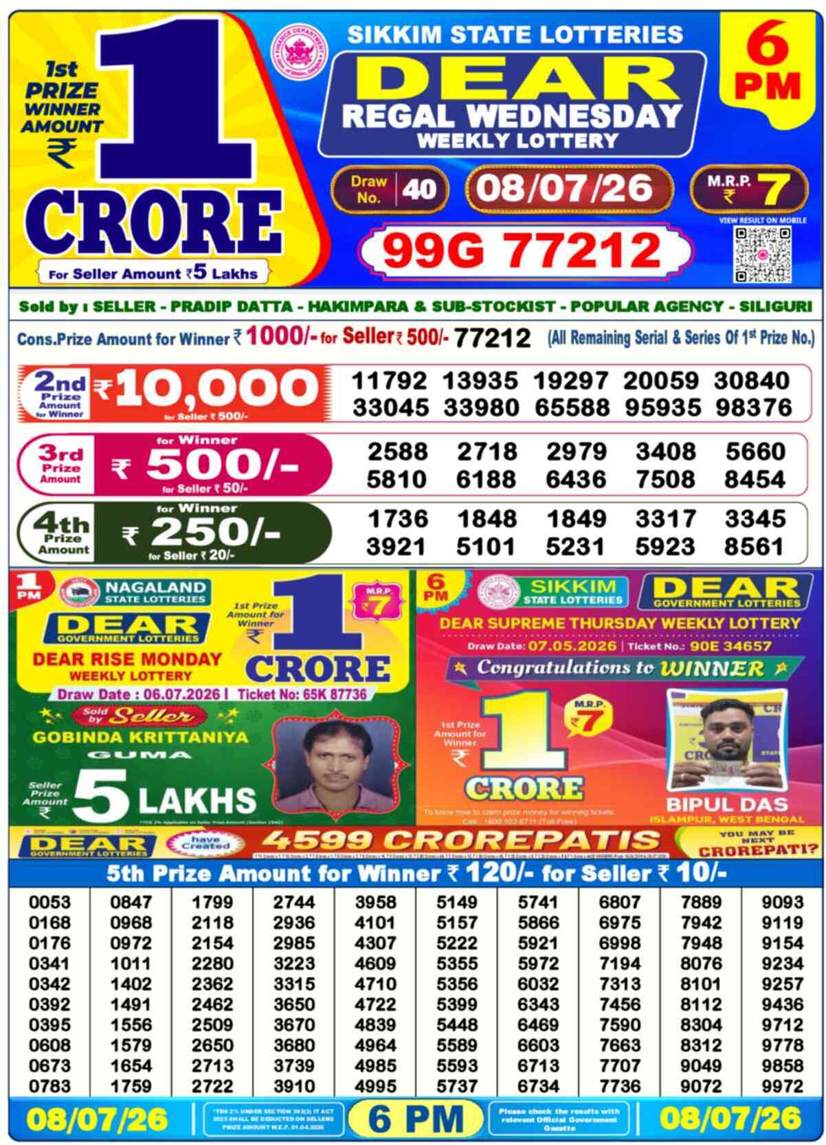Dear Lottery 6 PM Result 08/07/26