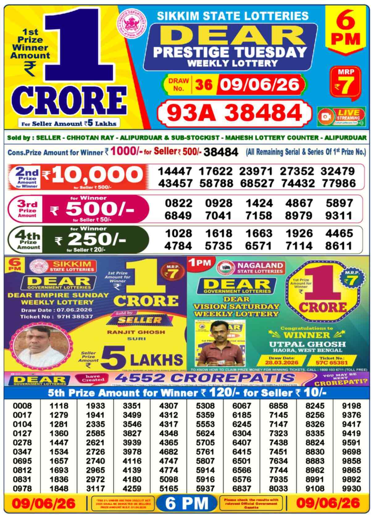 Dear Lottery 6 PM Result 09/06/26
