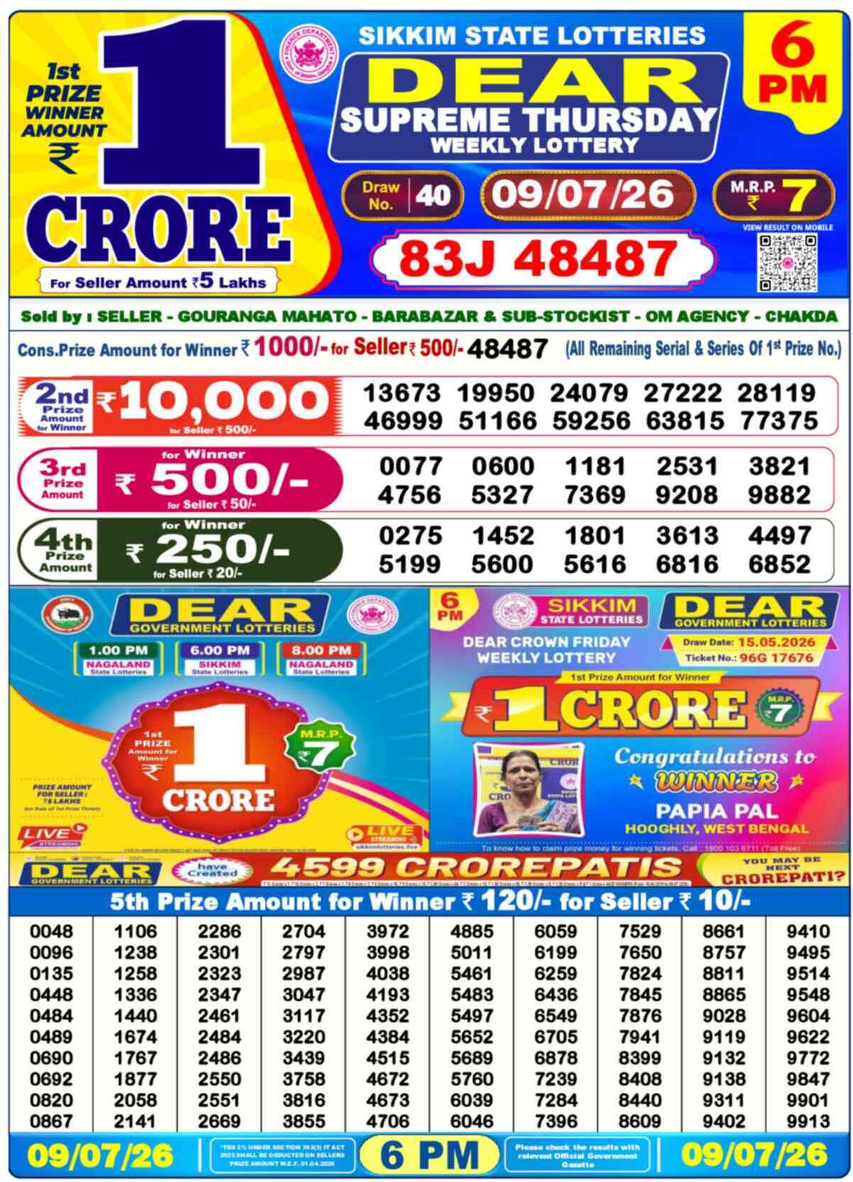 Dear Lottery 6 PM Result 09/07/26
