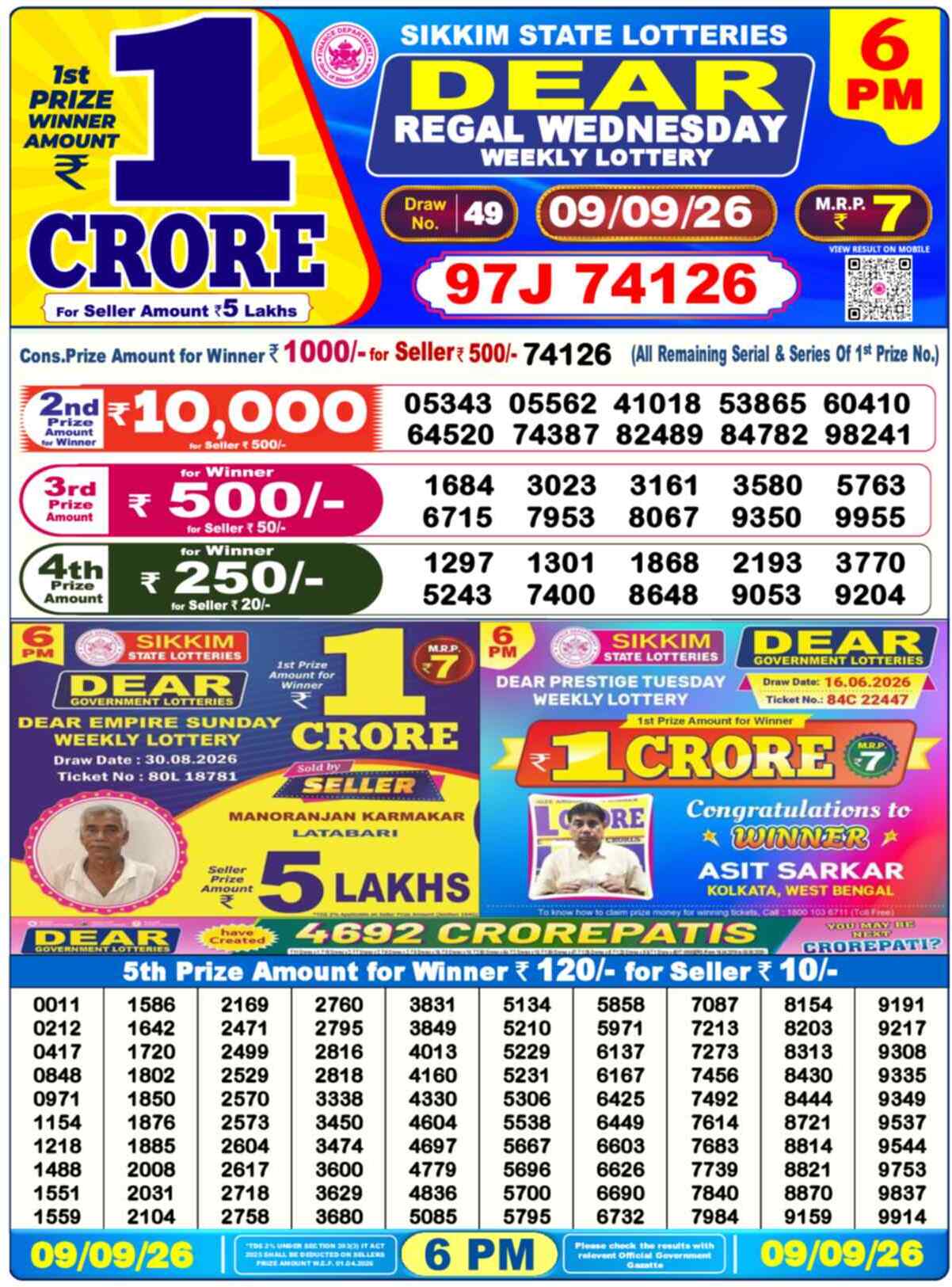 Nagaland State Lottery 6 PM Result 09-09-2026
