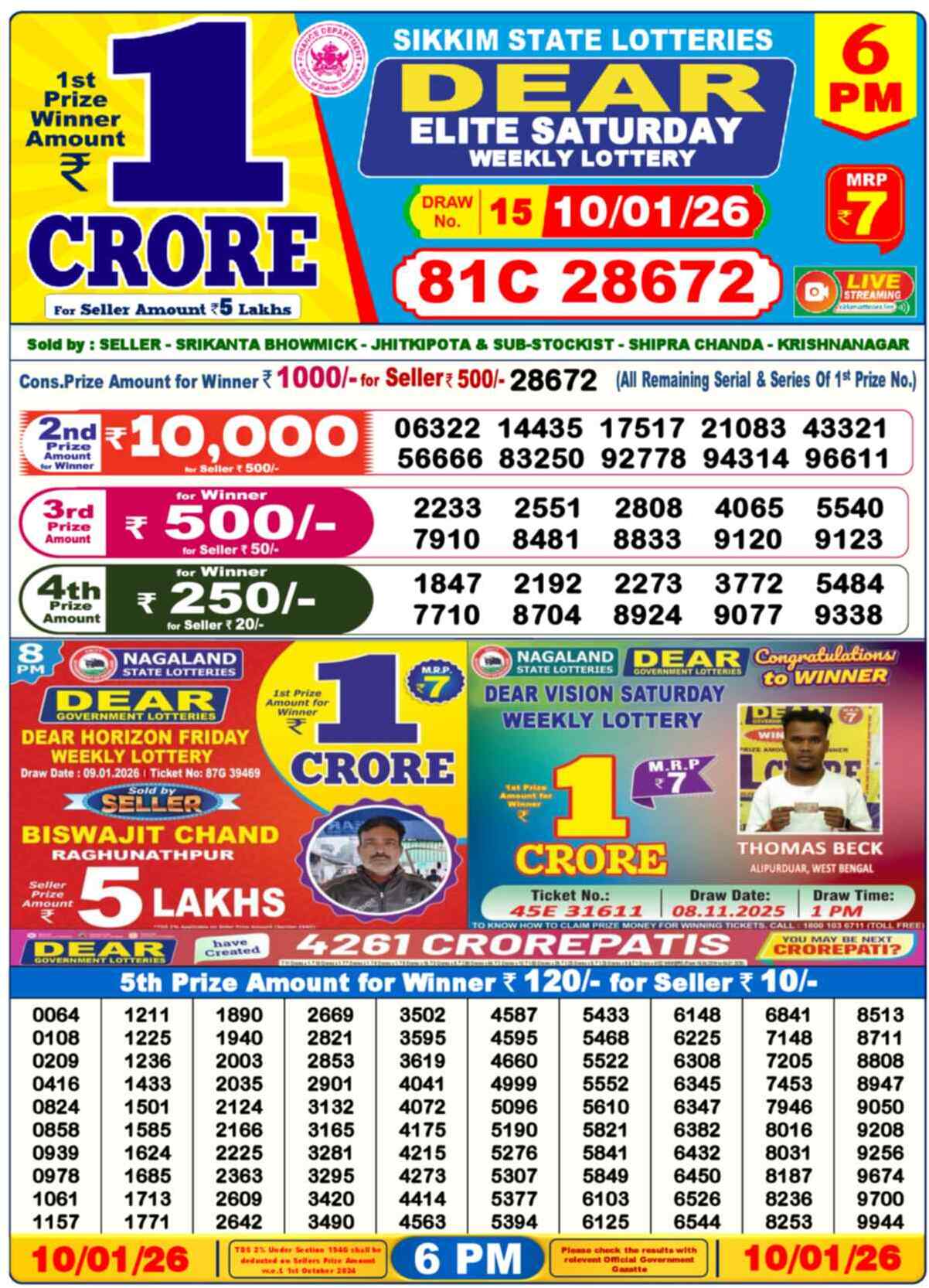 Nagaland Lottery Result 6 PM 10.01.2026