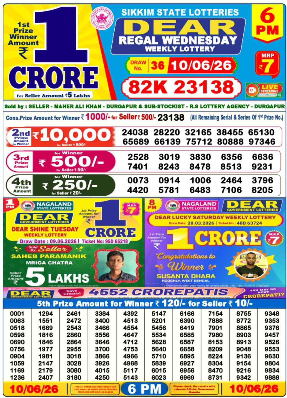 Dear Lottery 6 PM Result 10/06/26