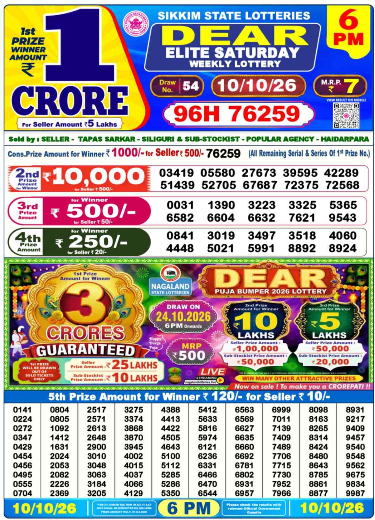 Nagaland Lottery Result 6 PM 10.10.2026