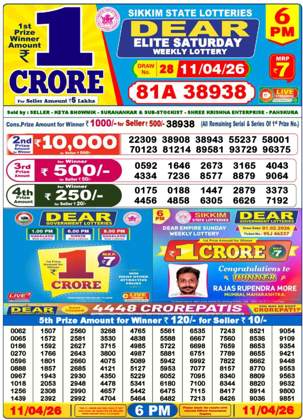 Dear Lottery 6 PM Result 11/04/26