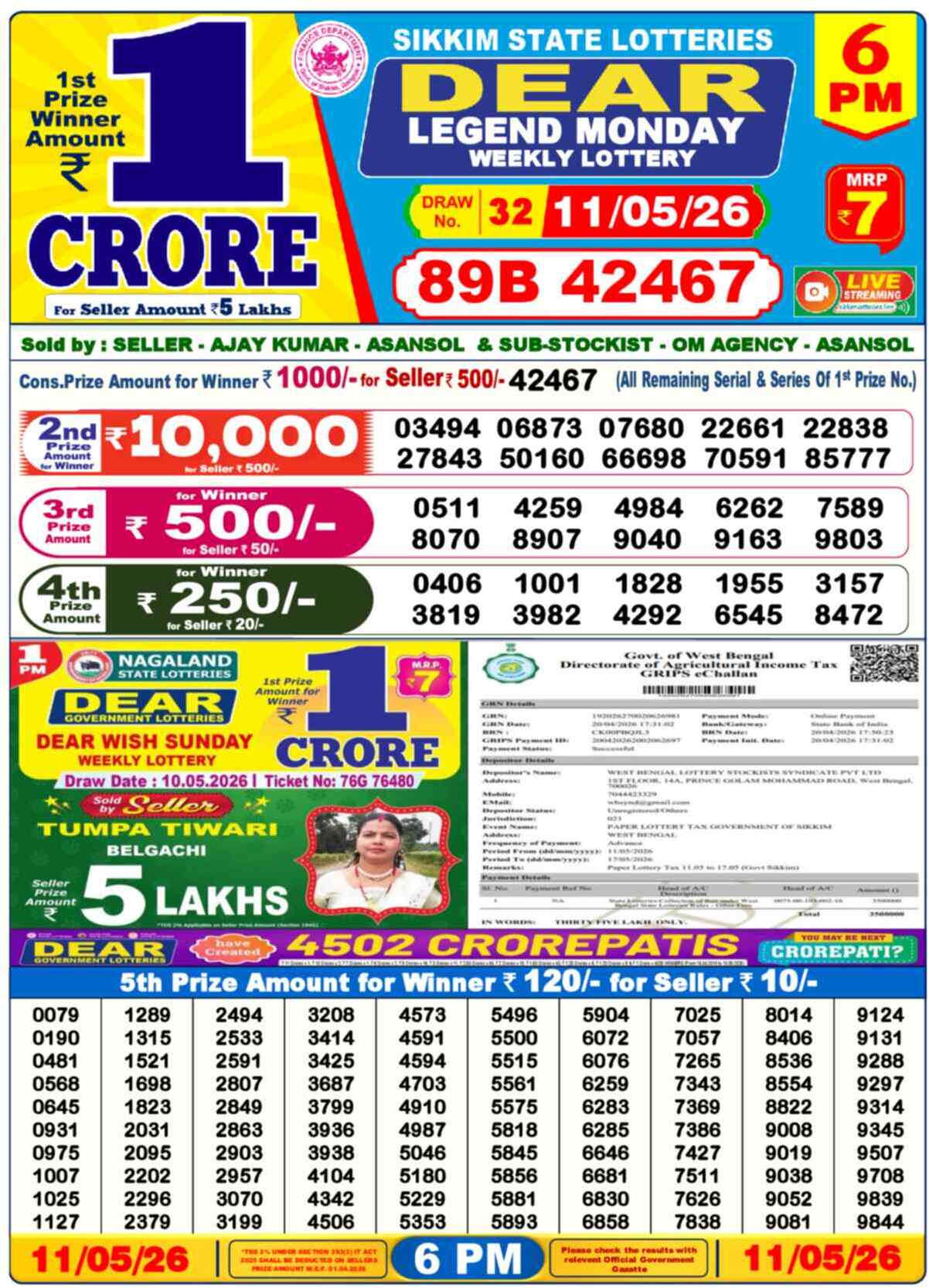 Nagaland Lottery Result 6 PM 11.05.2026