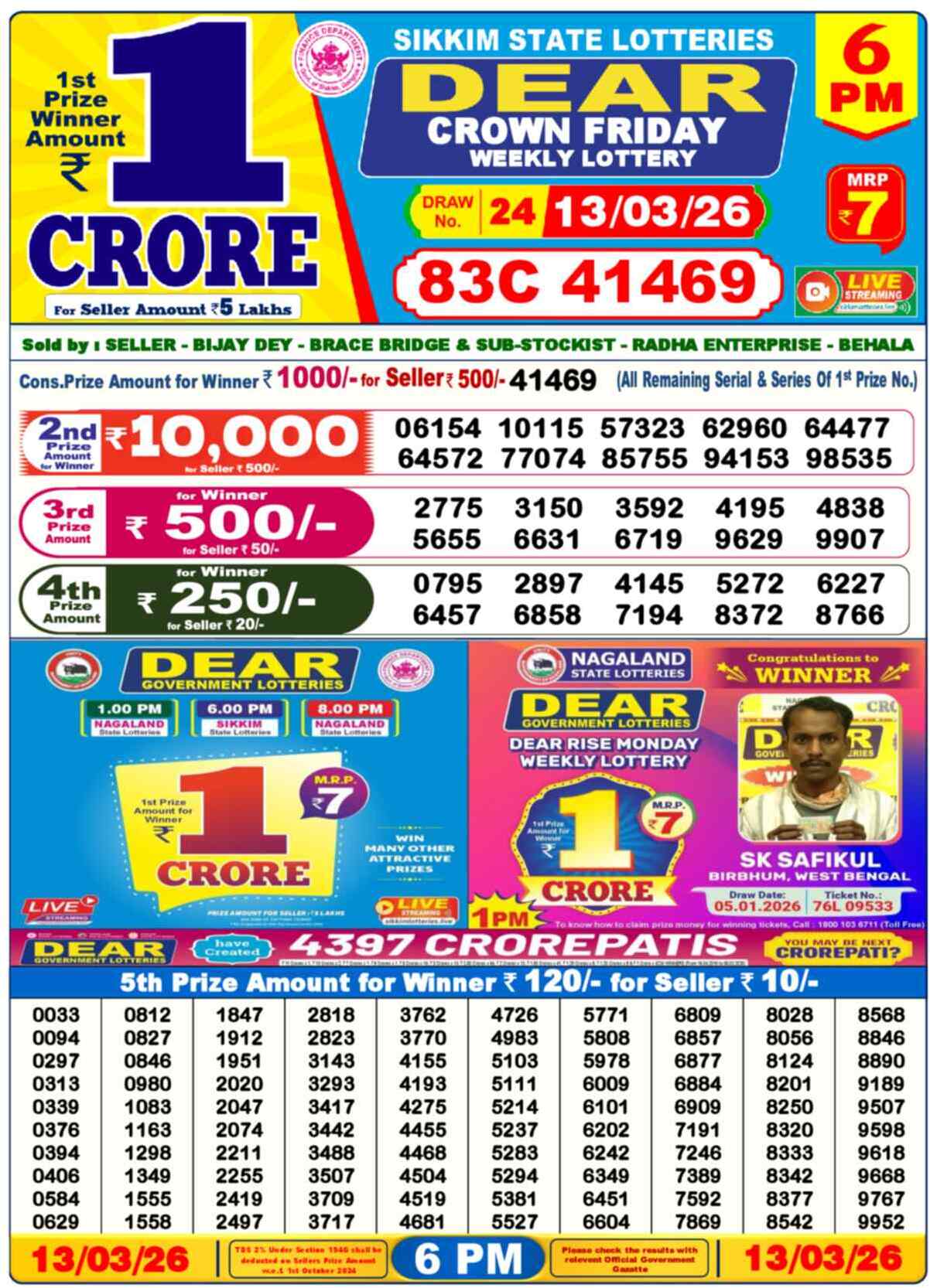 Dear Lottery 6 PM Result 13/03/26