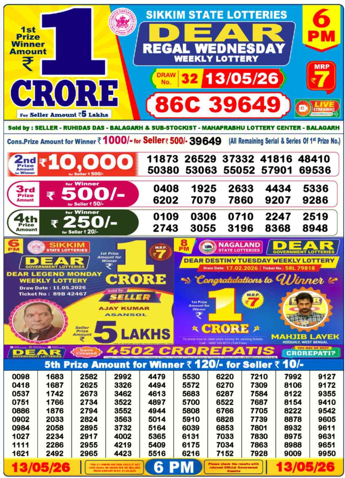 Nagaland Lottery Result 6 PM 13.05.2026