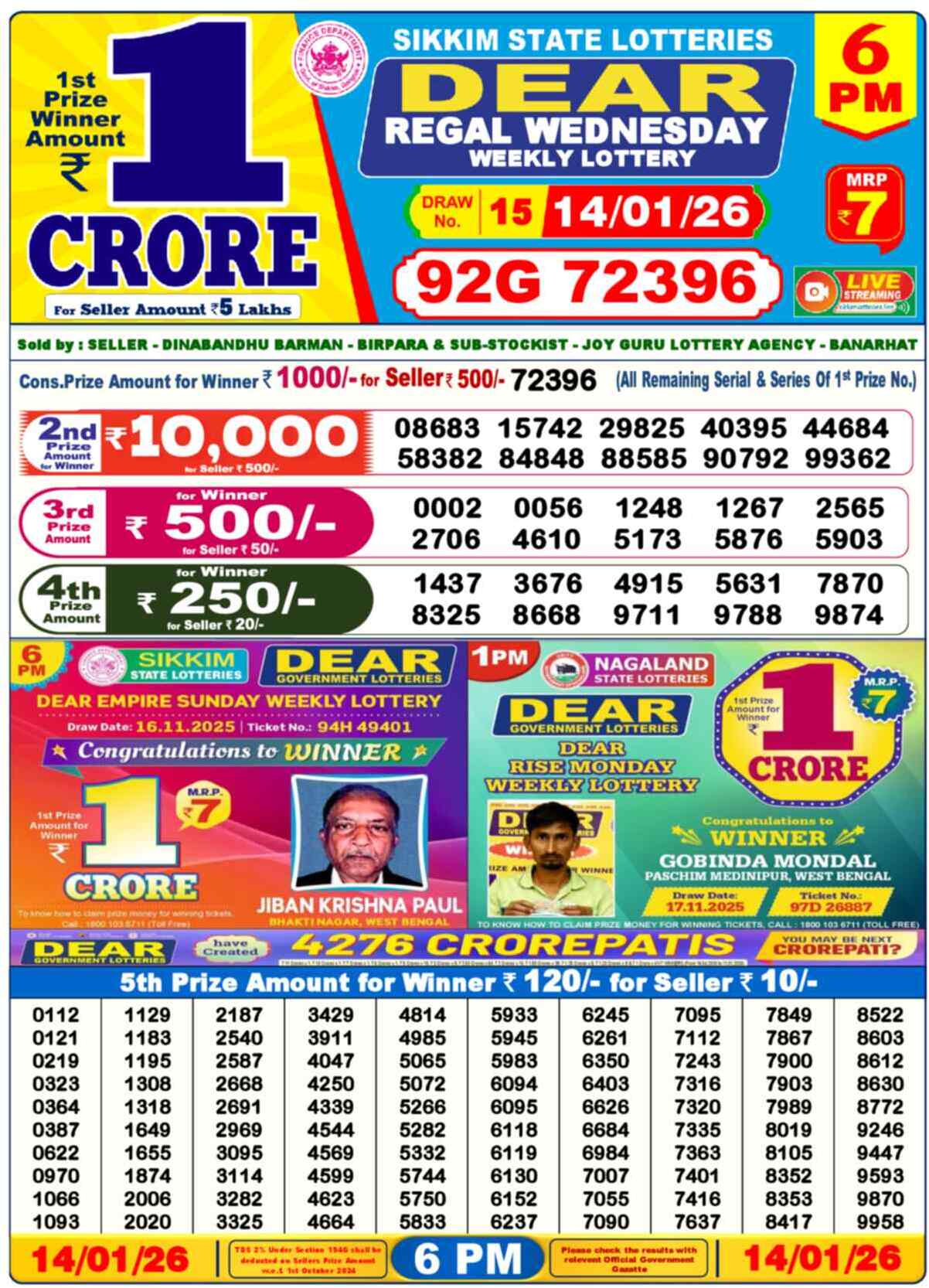 Nagaland Lottery Result 6 PM 14.01.2026