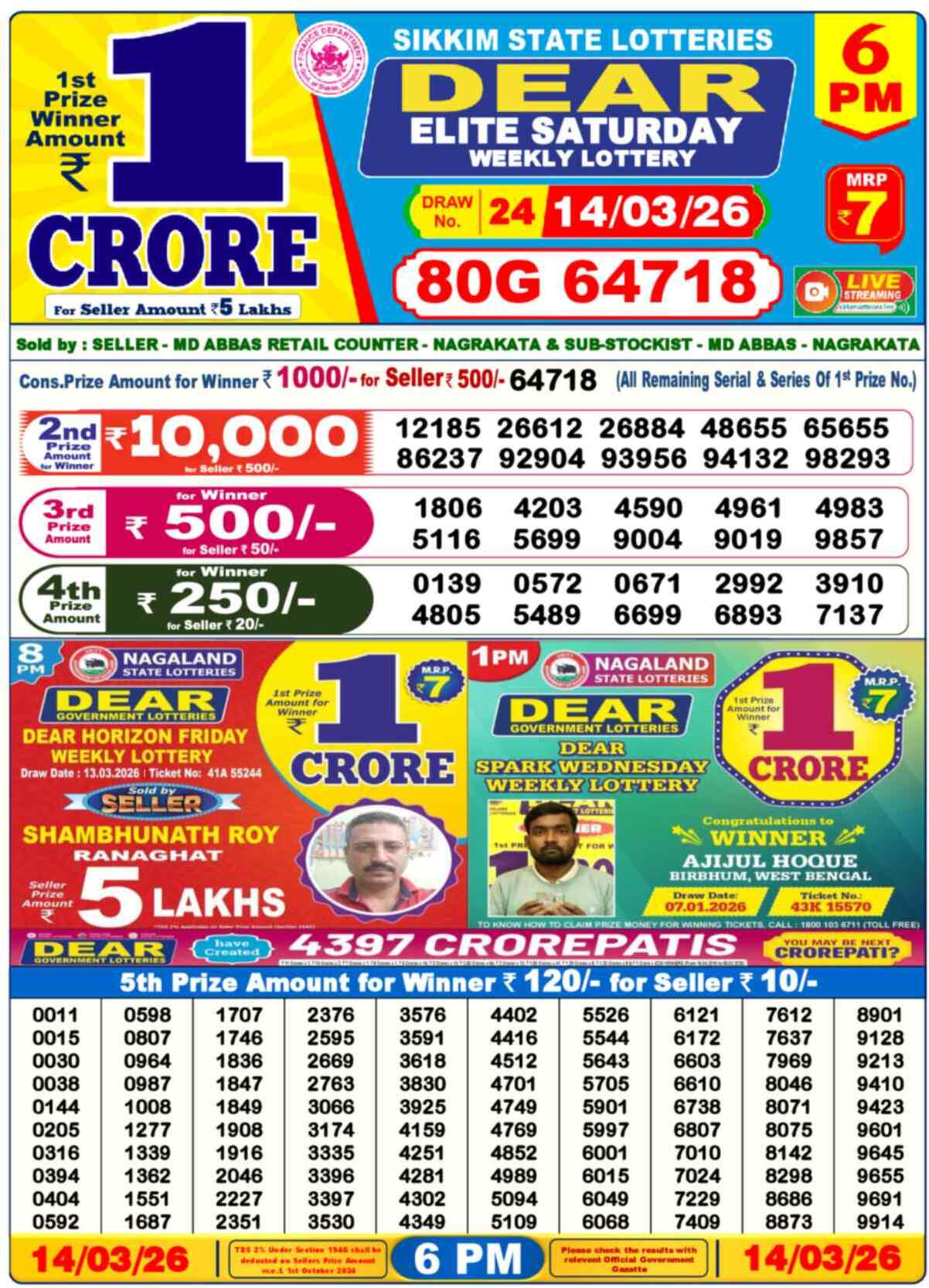 Dear Lottery 6 PM Result 14/03/26