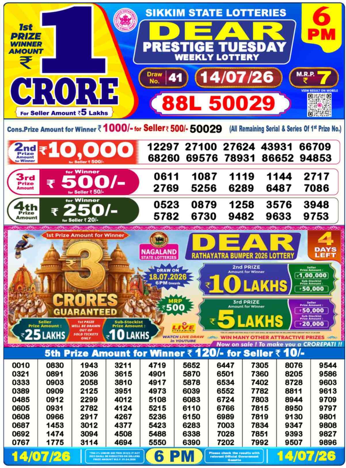Nagaland State Lottery 6 PM Result 14-07-2026