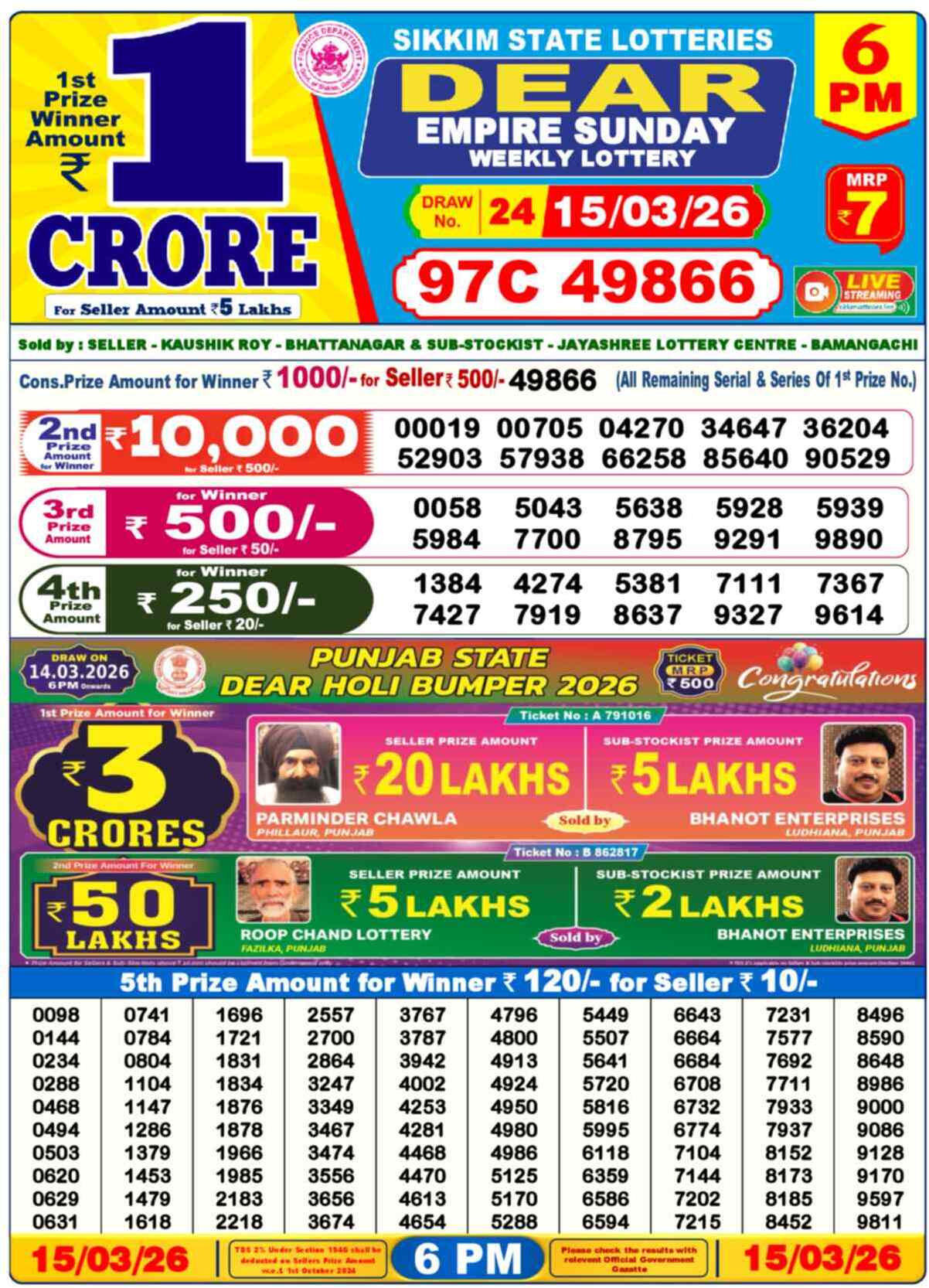 Dear Lottery 6 PM Result 15/03/26