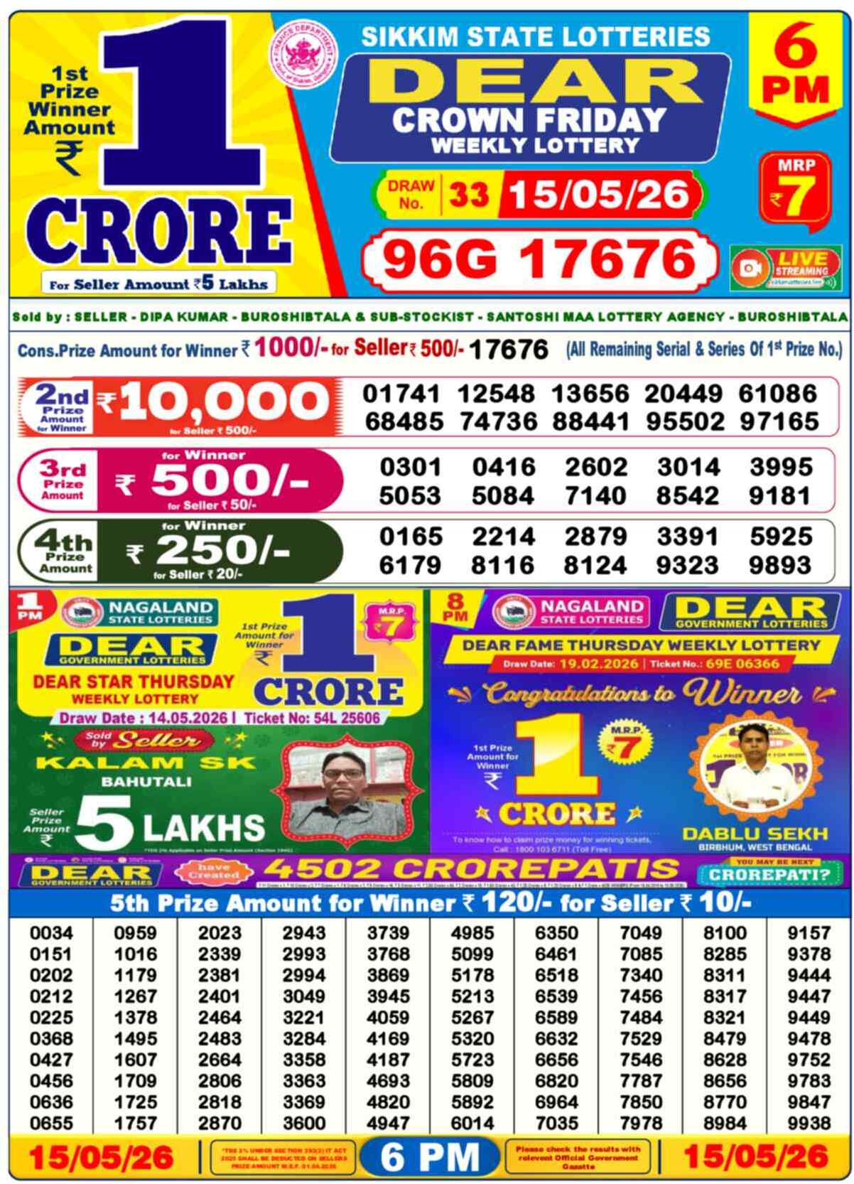 Nagaland Lottery Result 6 PM 15.05.2026