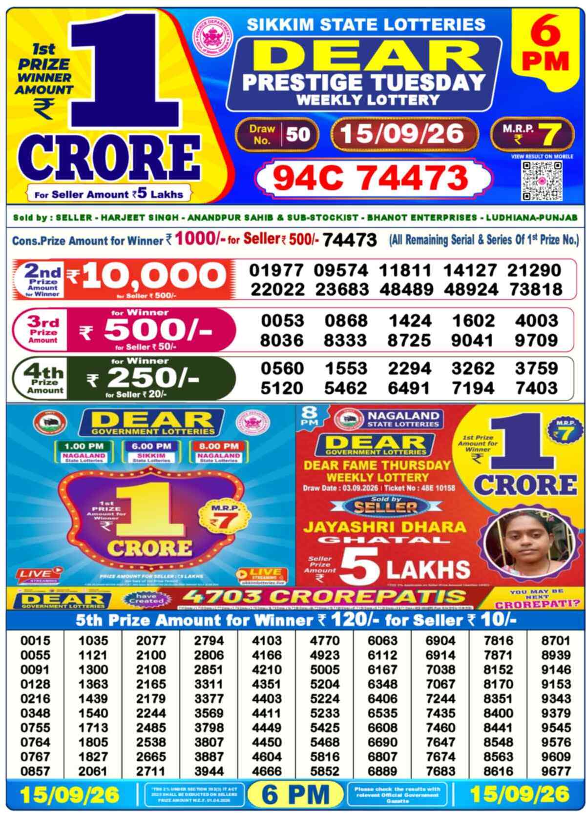 Nagaland State Lottery 6 PM Result 15-09-2026