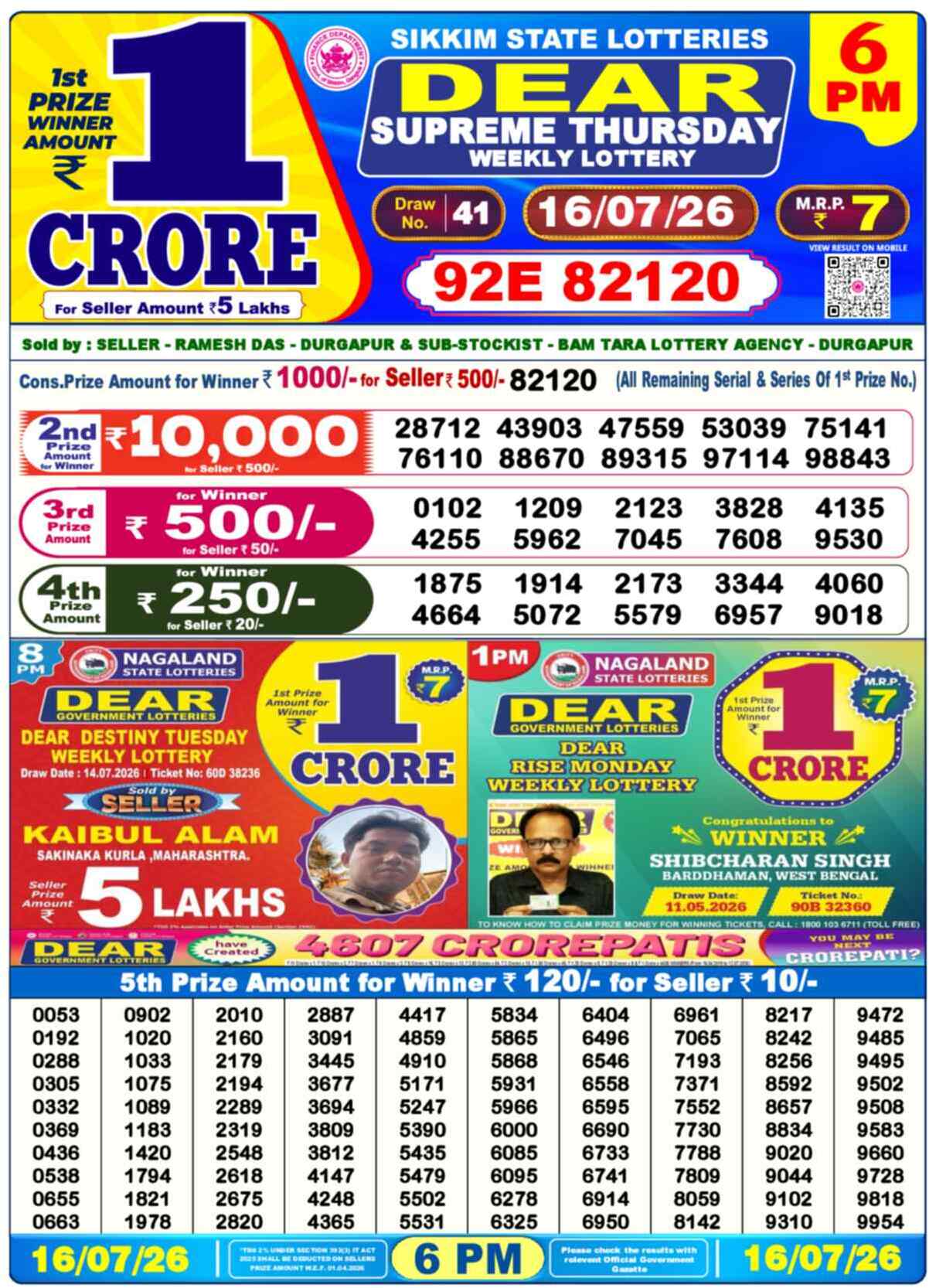 Nagaland State Lottery 6 PM Result 16-07-2026