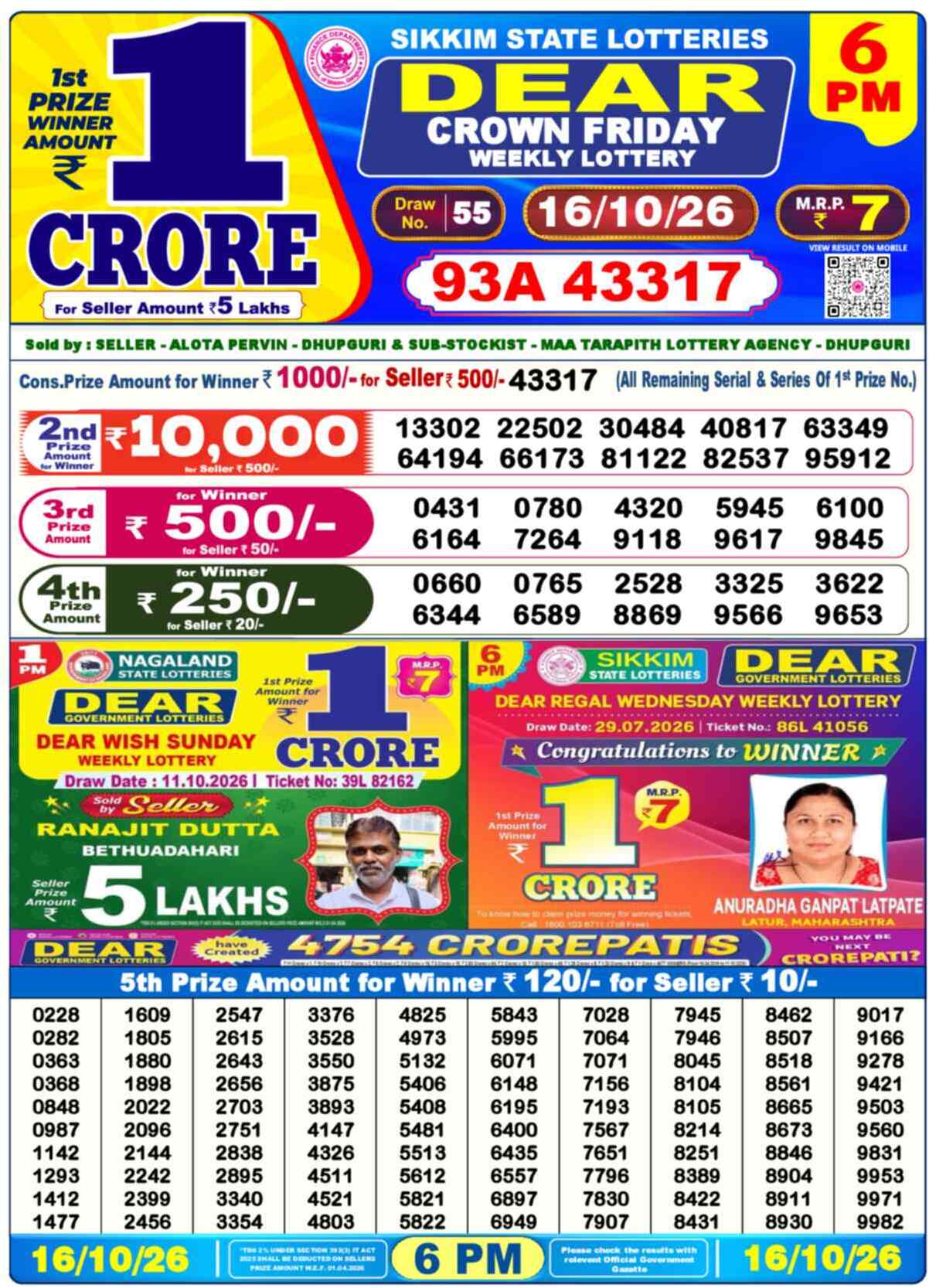 Nagaland State Lottery 6 PM Result 16-10-2026