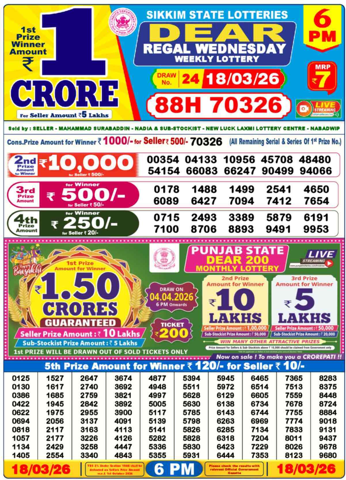 Dear Lottery 6 PM Result 18/03/26