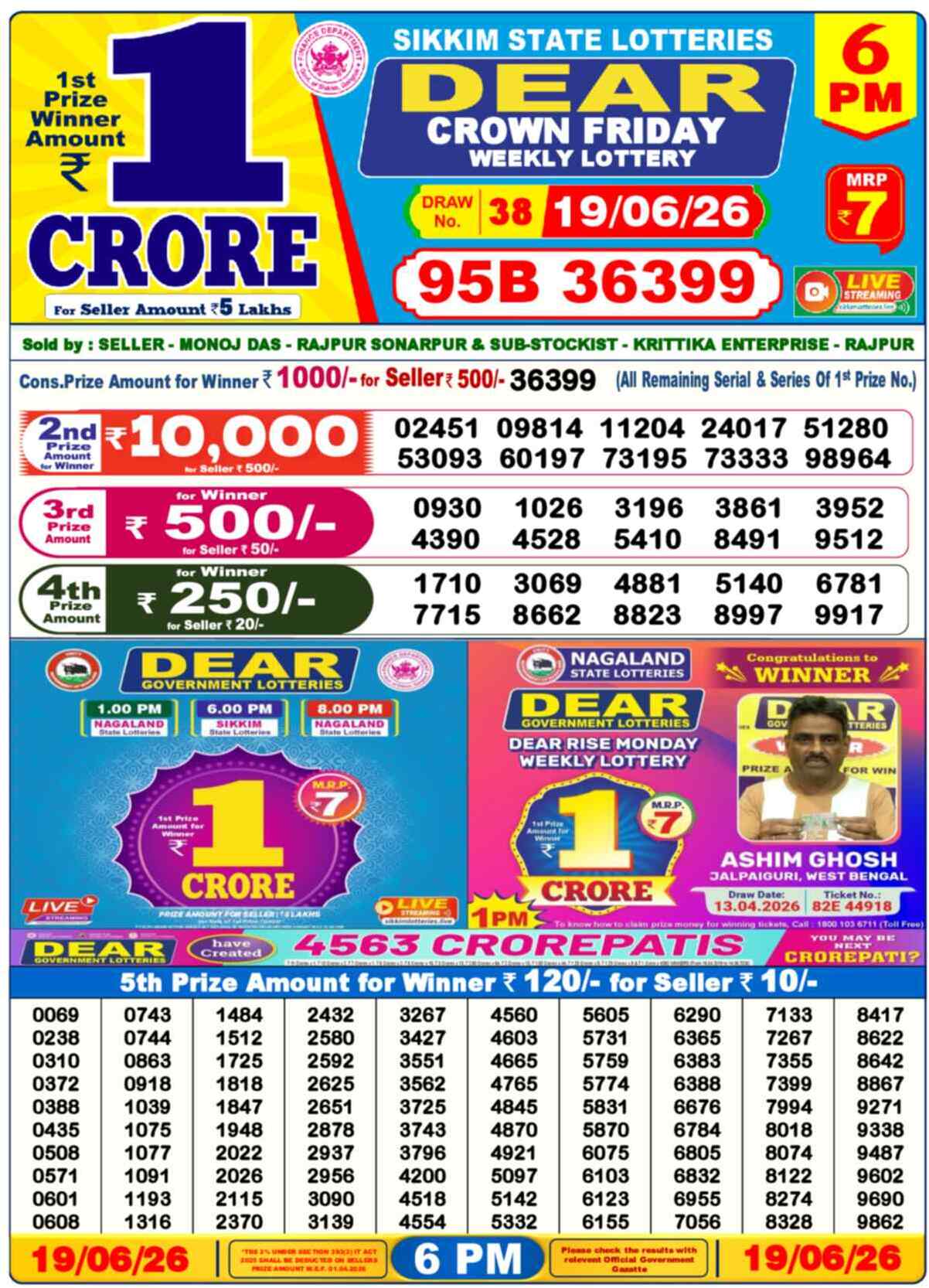 Dear Lottery 6 PM Result 19/06/26