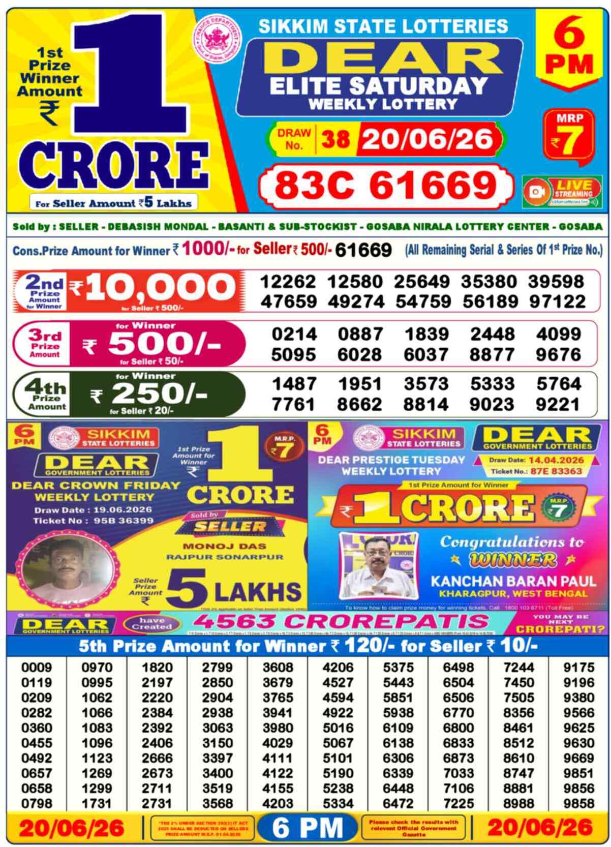Dear Lottery 6 PM Result 20/06/26