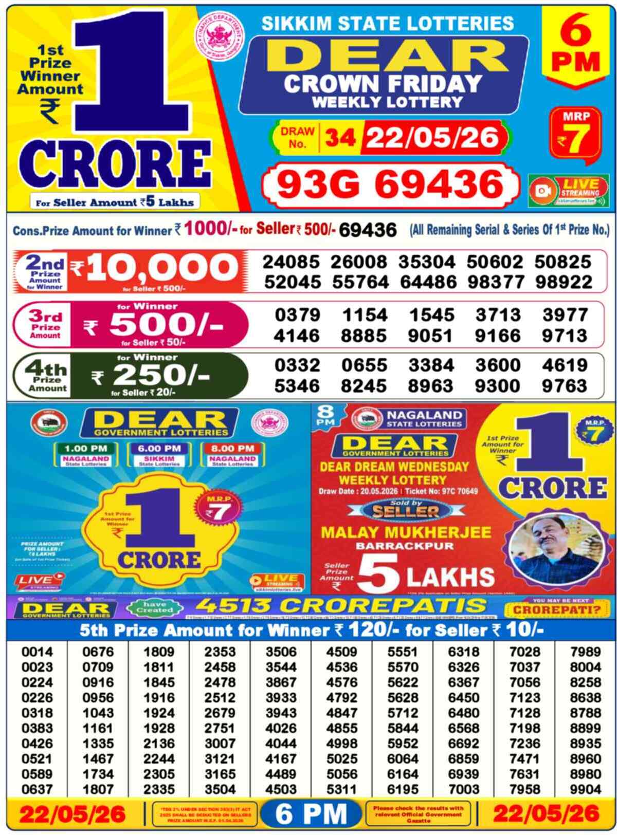 Dear Lottery 6 PM Result 22/05/26