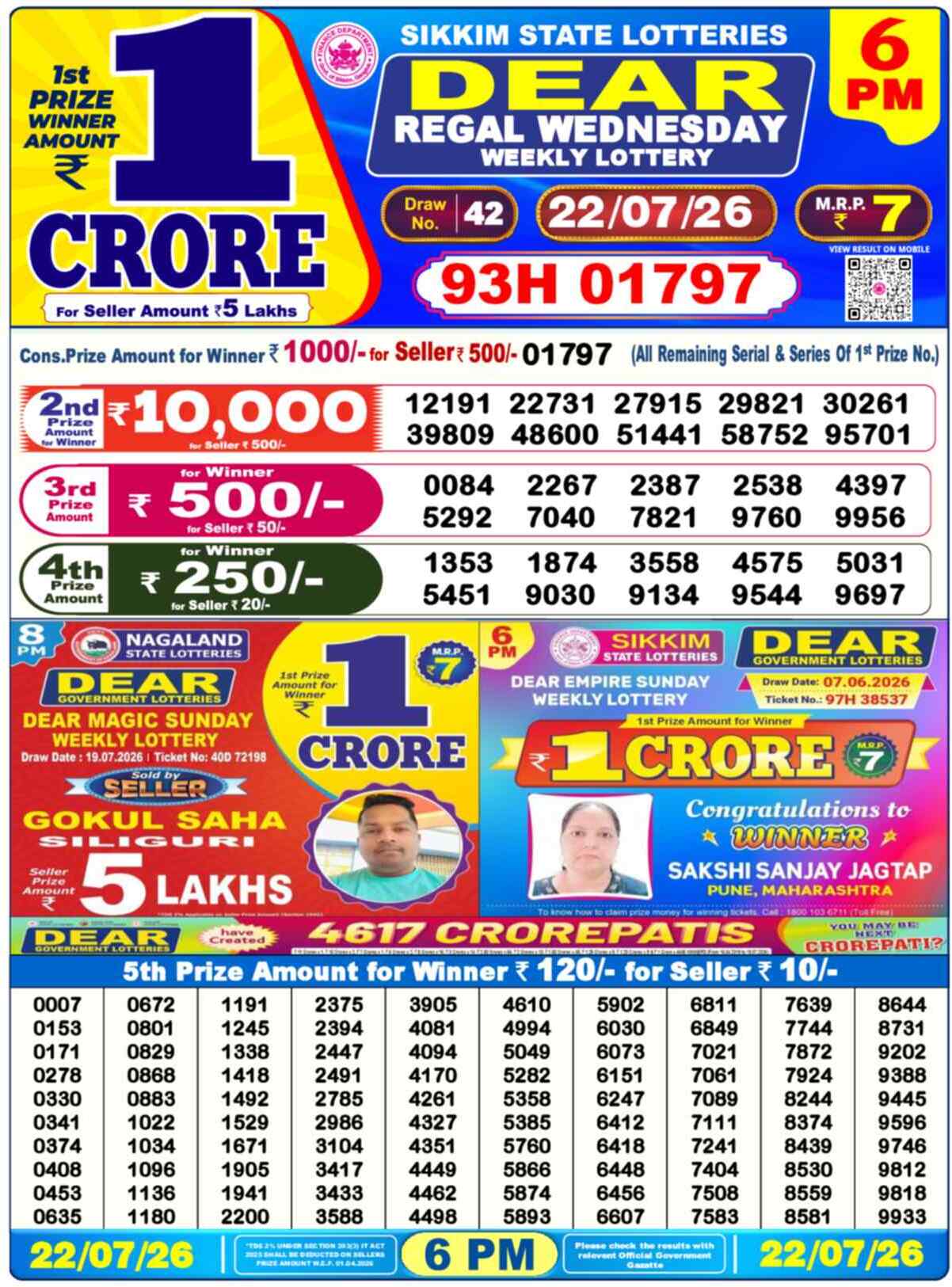 Nagaland State Lottery 6 PM Result 22-07-2026