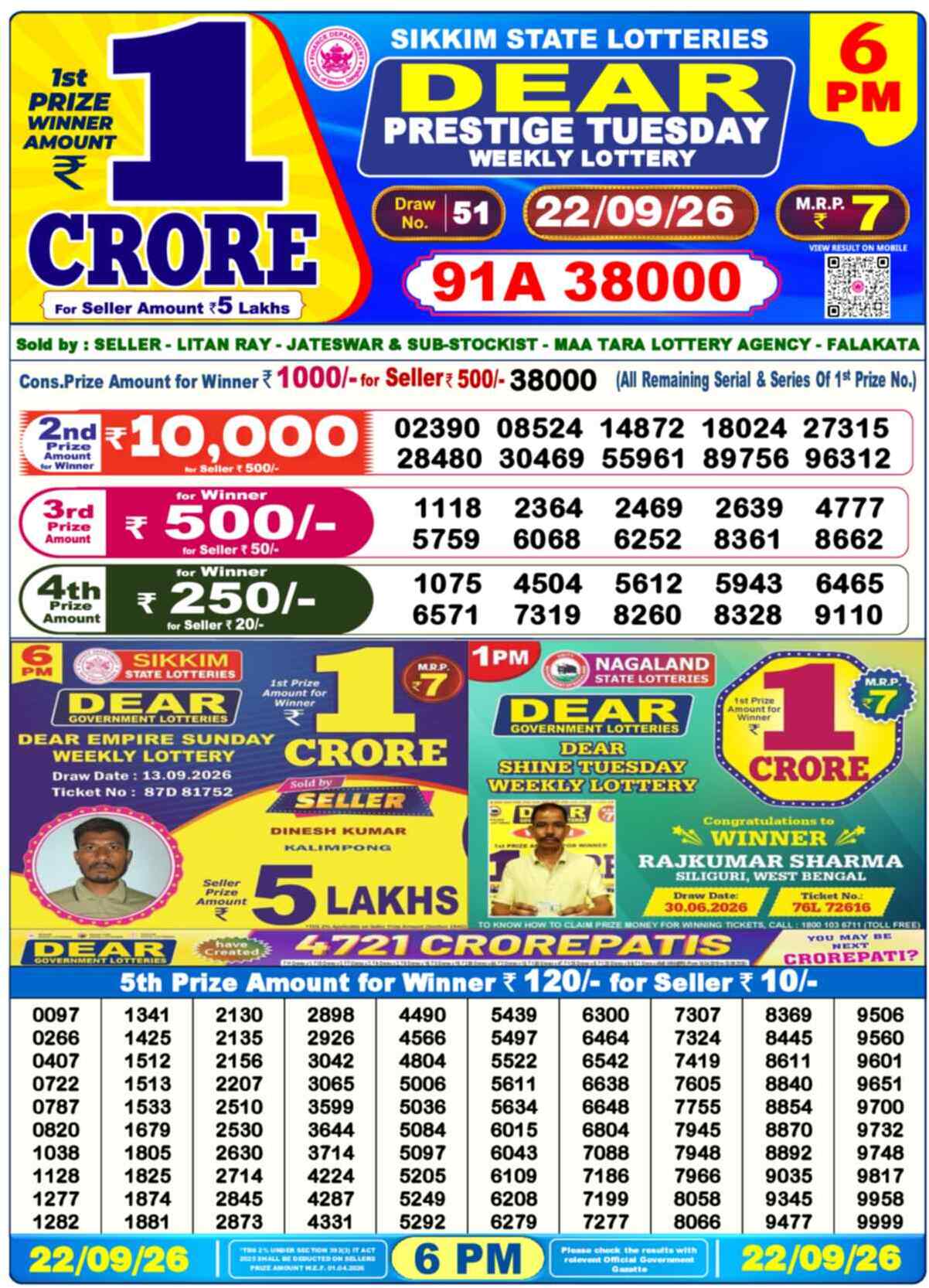 Nagaland Lottery Result 6 PM 22.09.2026