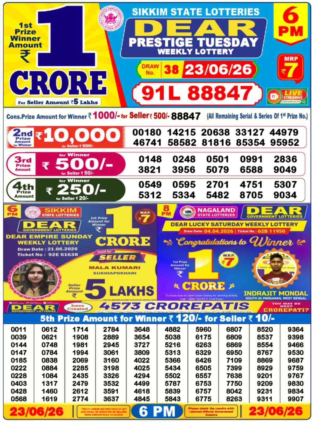Dear Lottery 6 PM Result 23/06/26