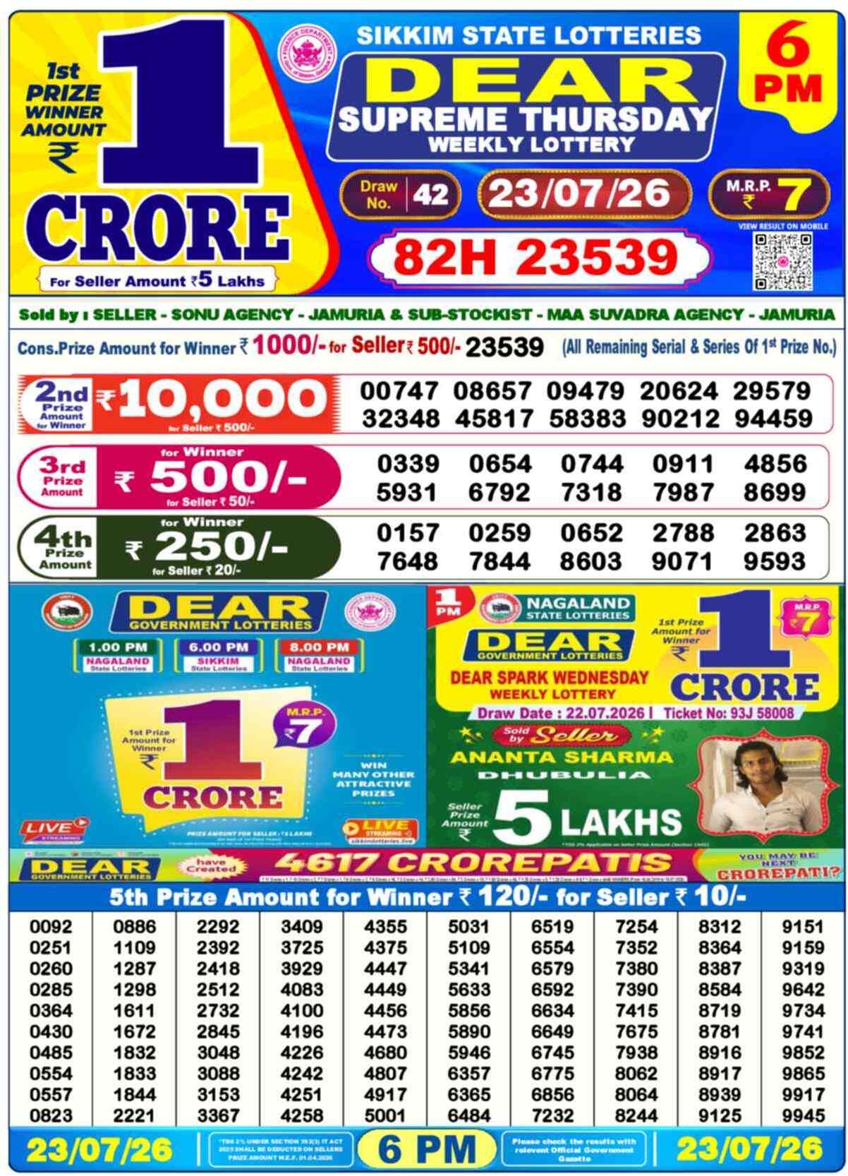 Nagaland State Lottery 6 PM Result 23-07-2026
