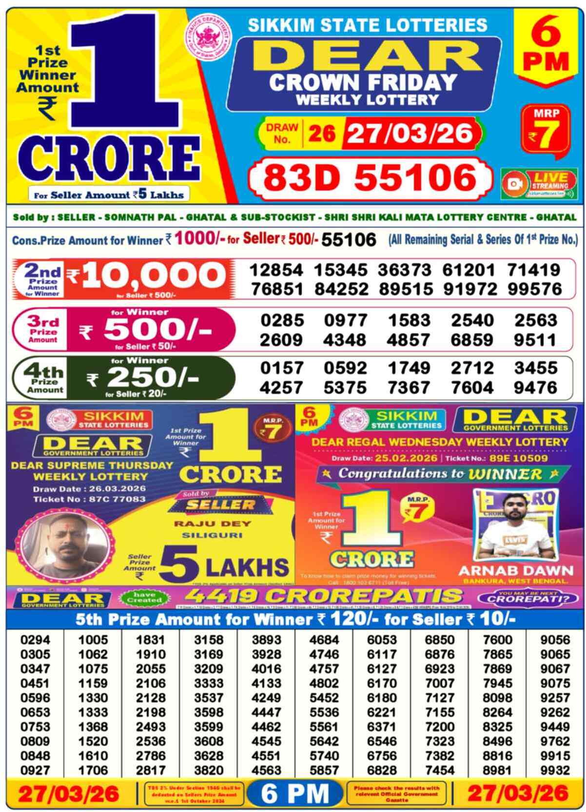 Dear Lottery 6 PM Result 27/03/26