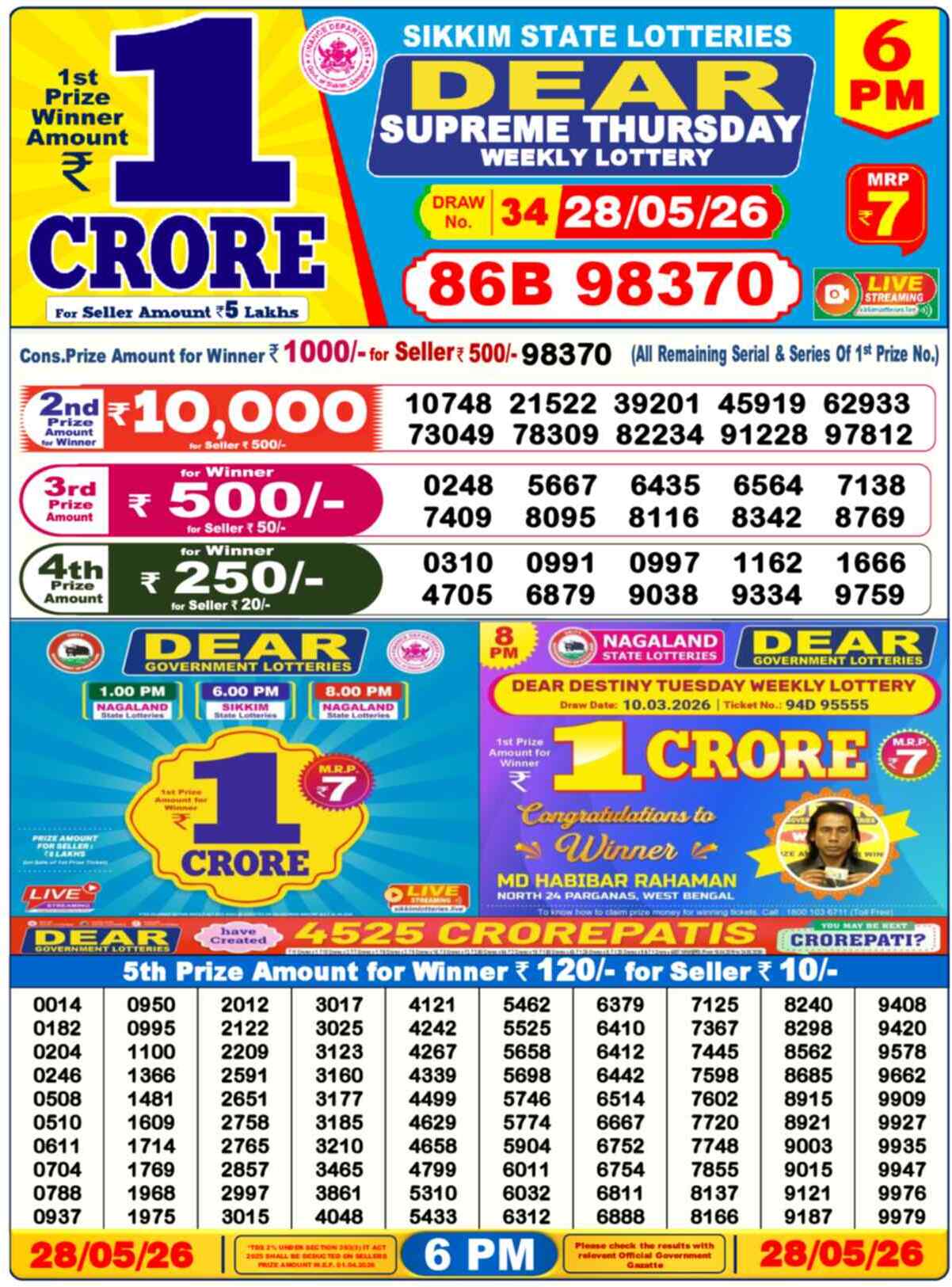 Dear Lottery 6 PM Result 28/05/26