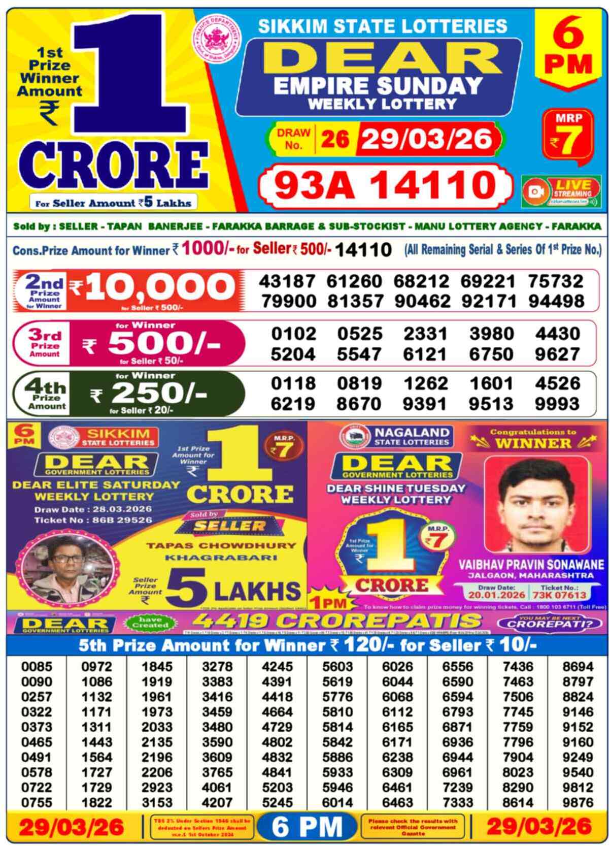 Dear Lottery 6 PM Result 29/03/26