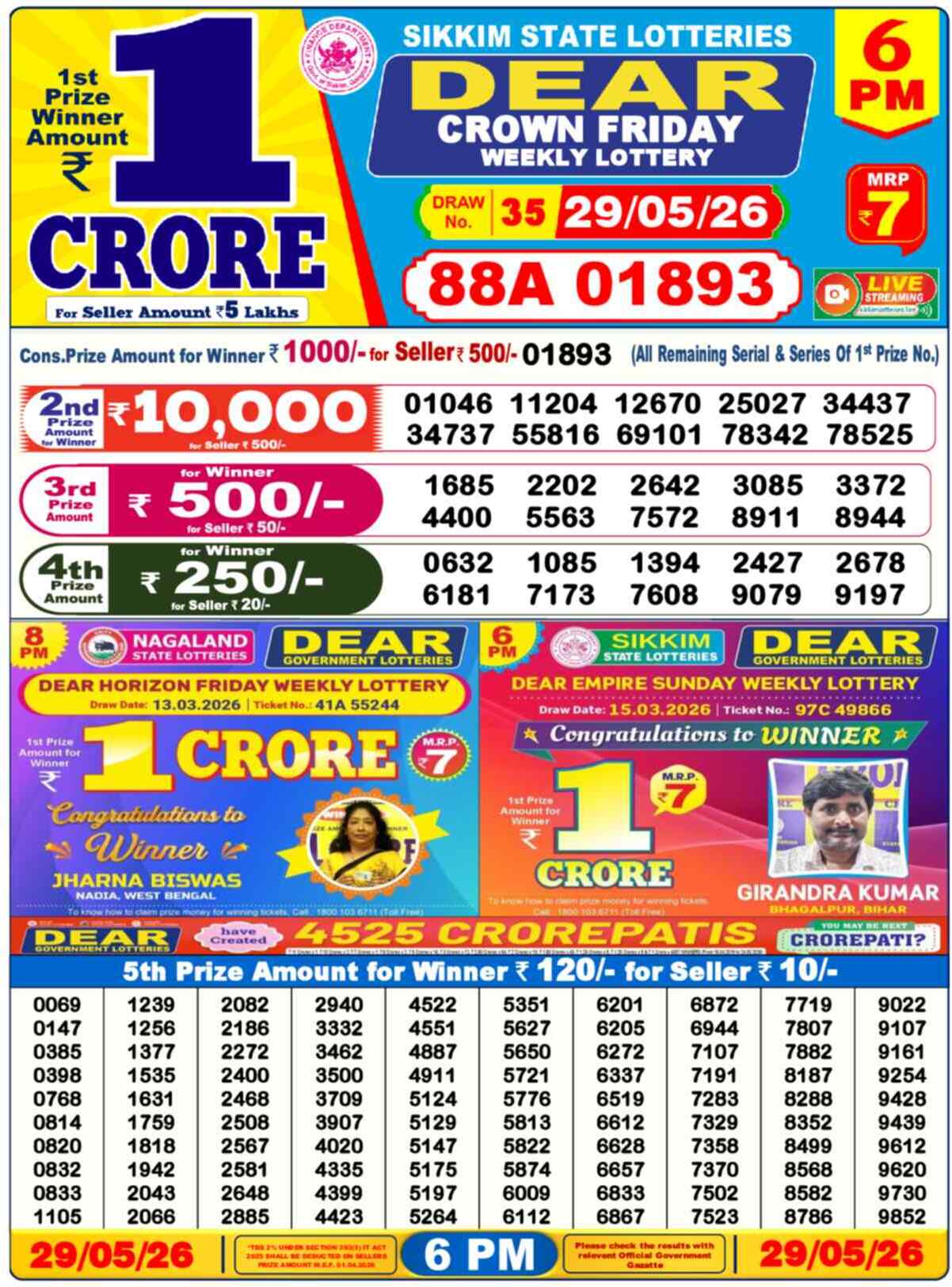 Dear Lottery 6 PM Result 29/05/26