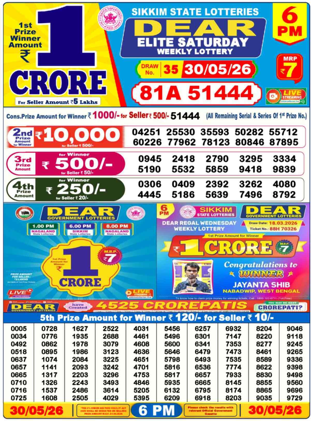 Dear Lottery 6 PM Result 30/05/26