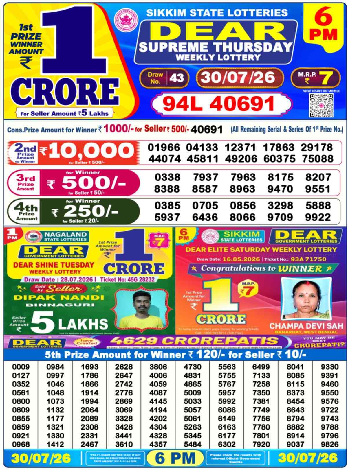 Nagaland State Lottery 6 PM Result 30-07-2026