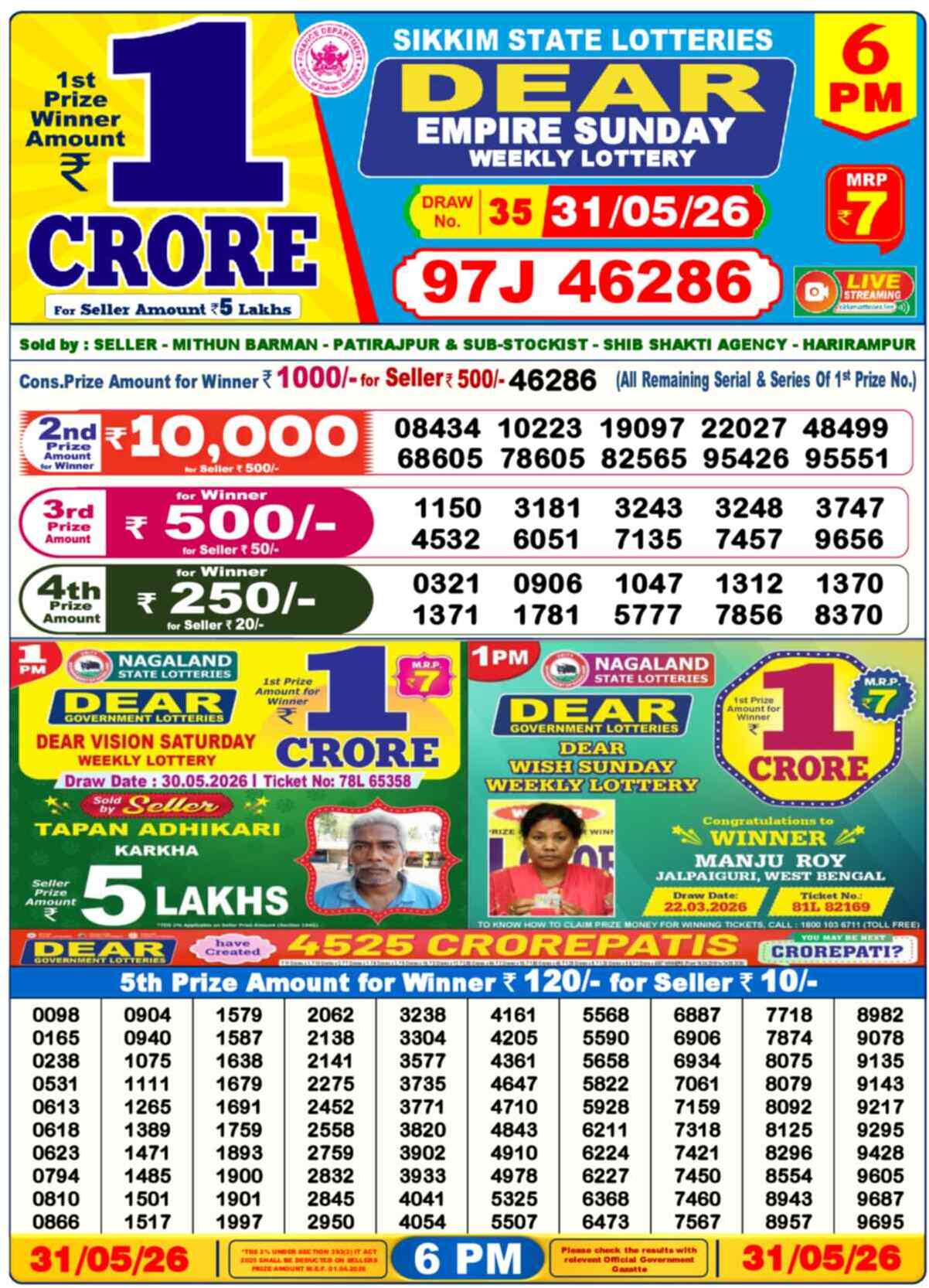 Dear Lottery 6 PM Result 31/05/26