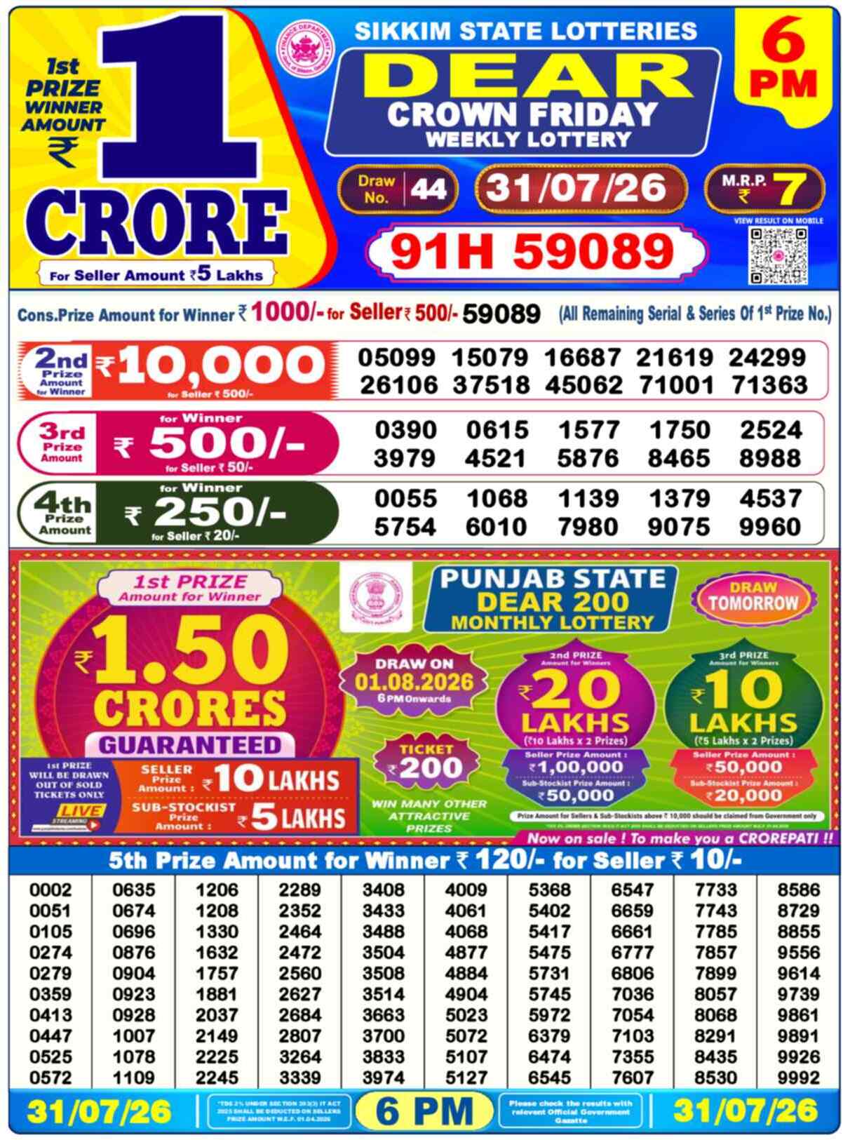 Nagaland State Lottery 6 PM Result 31-07-2026