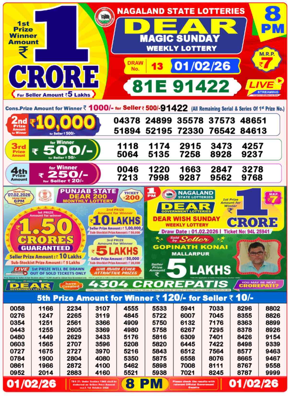 Nagaland State Lottery Result 8 PM 01.02.2026