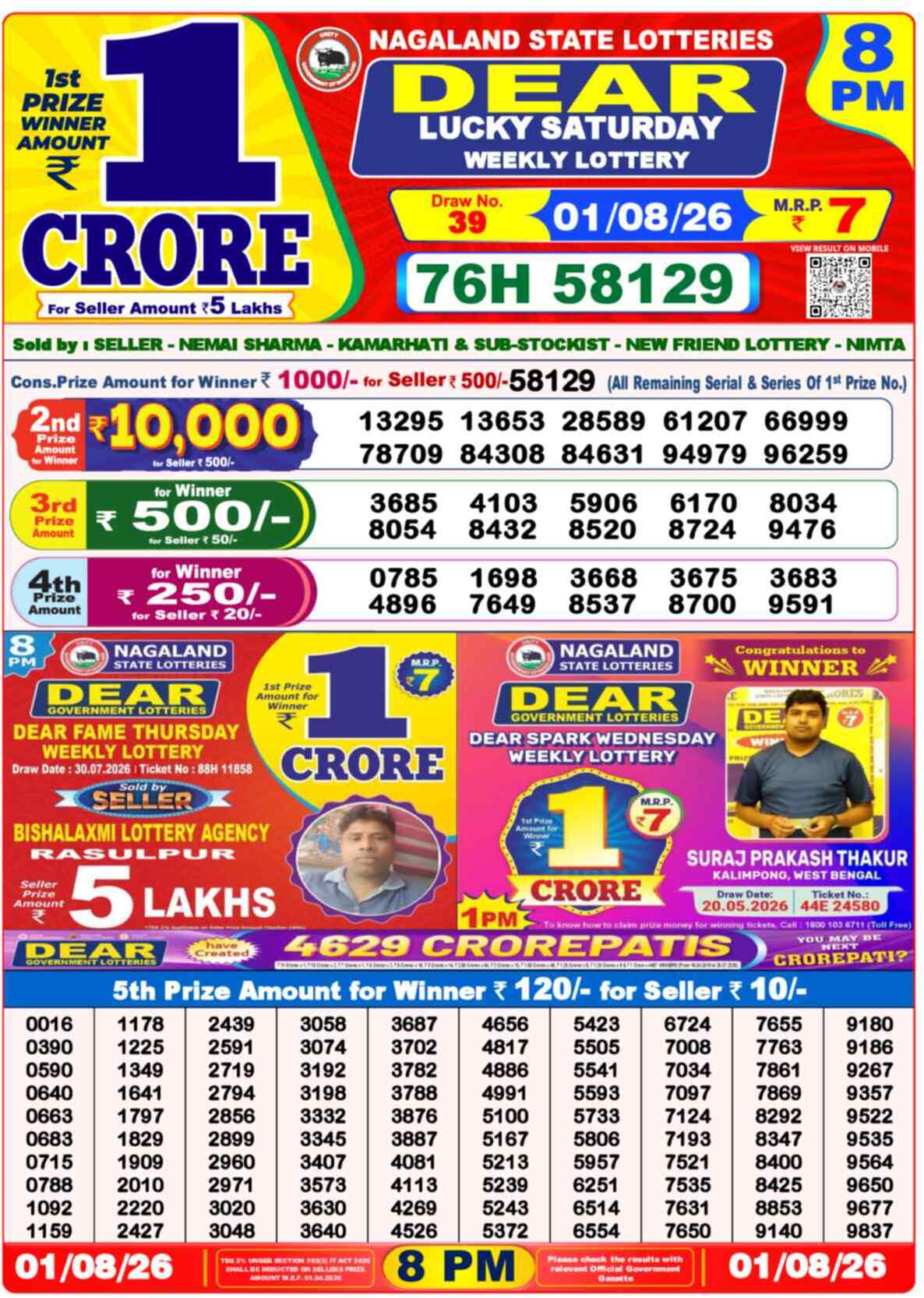 Nagaland State Lottery 8 PM Result 01-08-2026