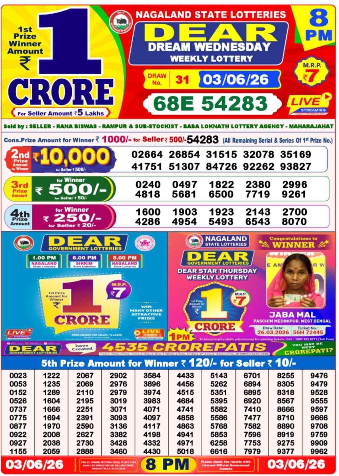 Dear Lottery 8 PM Result 03/06/26