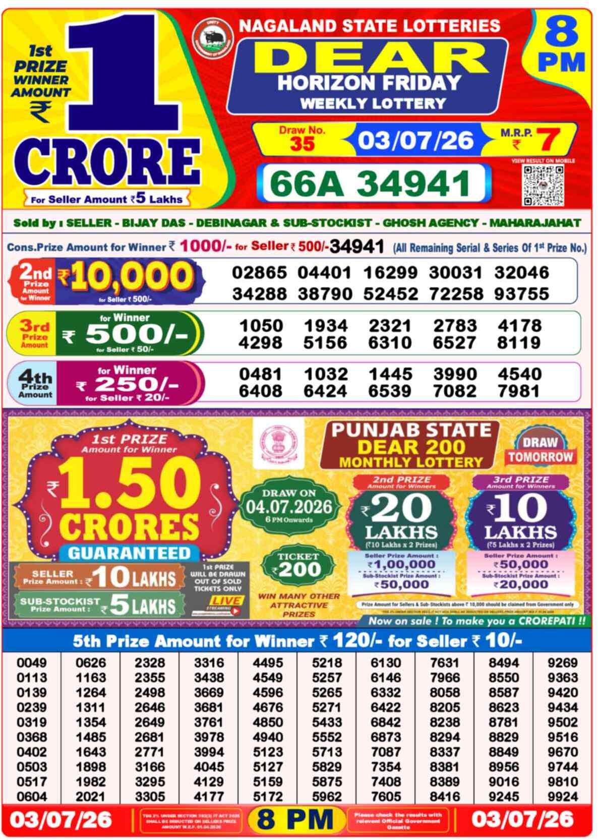 Dear Lottery 8 PM Result 03/07/26